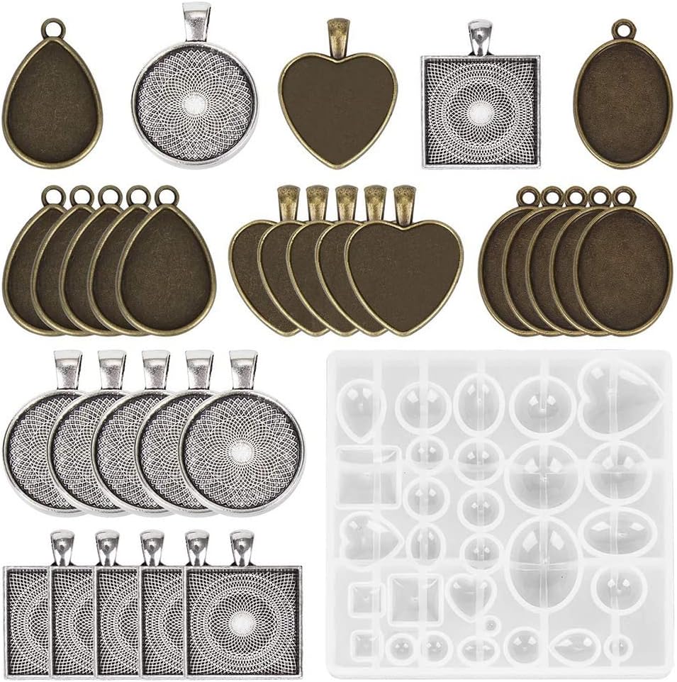 Souarts 30Pcs Pendant Silicone Molds Set, Round Square Heart Teardrop Oval Pendants with 1Pc Silicone Resin Molds, for Pendant Earring Necklace Keychain Resin Crafting DIY Jewelry Gifts Making
