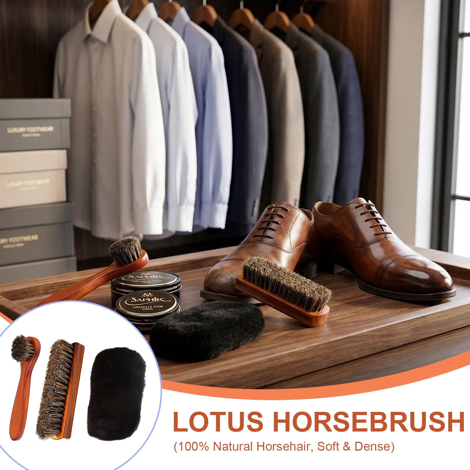 Kit Cuidado del Cuero 3 Piezas - Cepillos de Crin de Caballo Natural y Guante de Pulido - Set de Limpieza y Brillo para Zapatos, Botas, Bolsos y Asientos de Coche