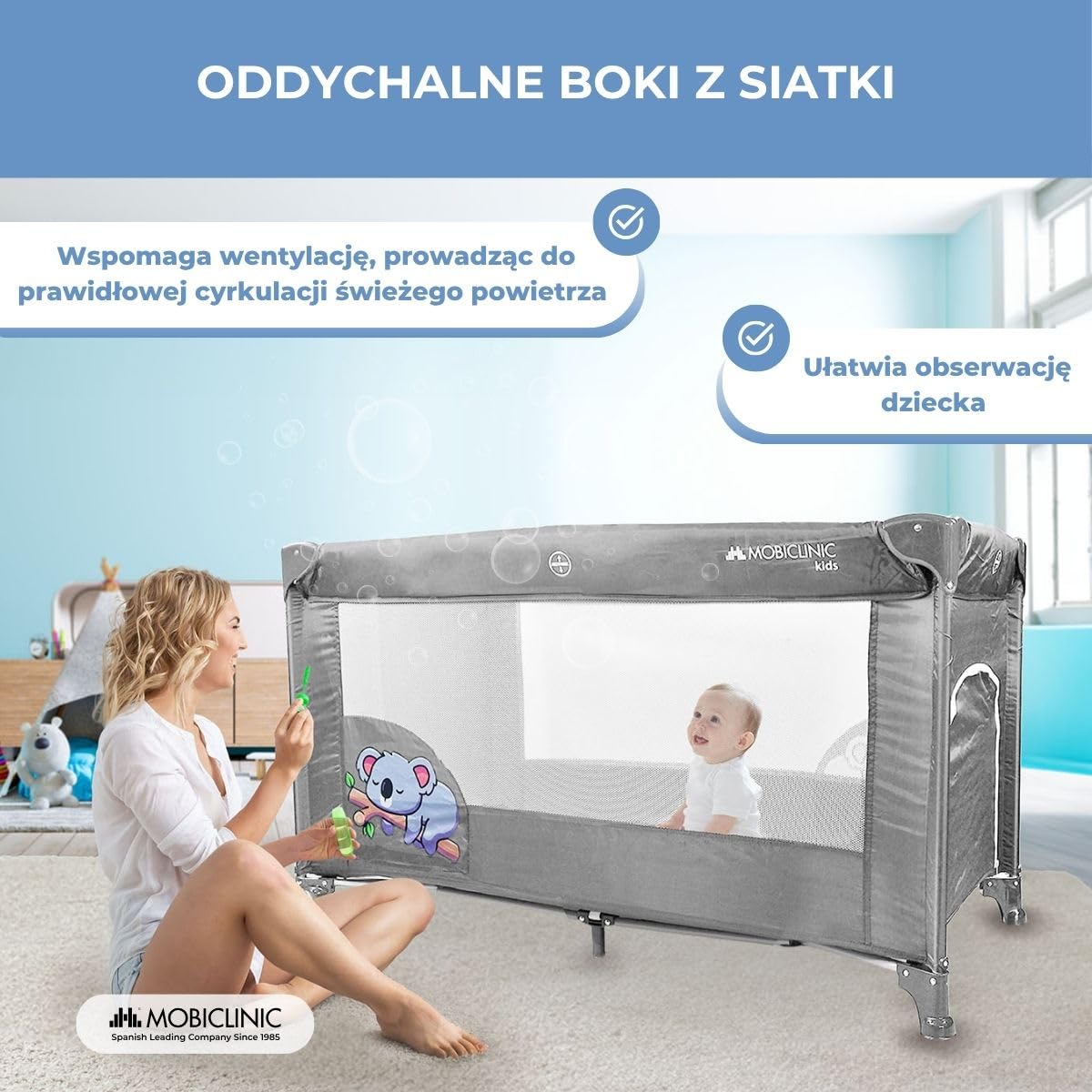 Mobiclinic®, Łóżeczko turystyczne, 2 w 1, Ultrakompaktowe składanie, Wyjmowany materac, Mofli, Do 15 kg, Oddychająca tkanina, Kojec dla dziecka, Kółka (szary)