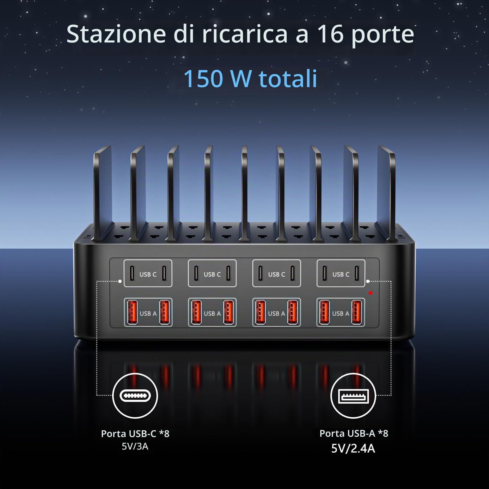 Stazione di ricarica USB, 16 porte 150W, con separatore rimovibile, hub di alimentazione USBC, compatibile con iPhone 16/15, Samsung Galaxy S25/S24, Google/Tablet/altri dispositivi USB