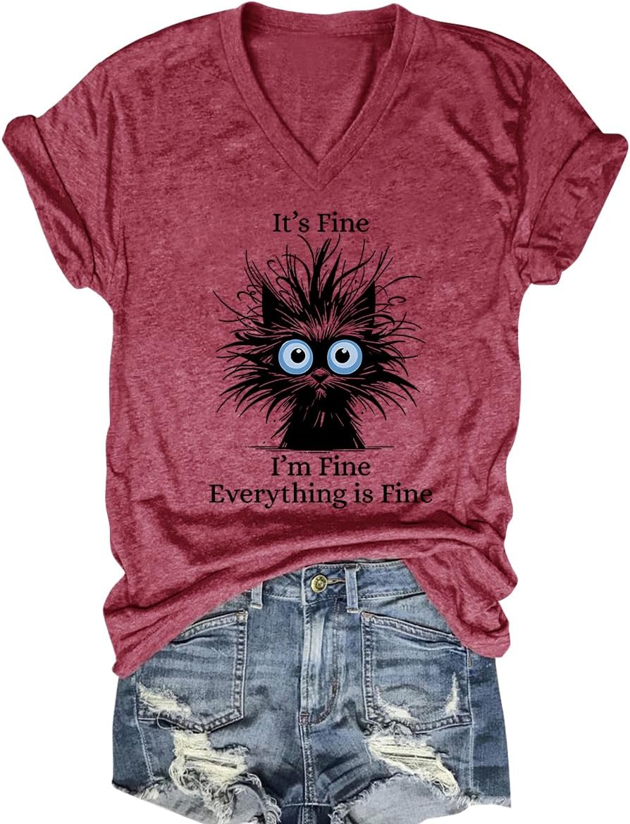 Nebere Womens I'm Fine Everything is Fine V Neck T-Shirts Short Sleeve Funny Shirt Casual Cute Cat Graphic Tee Tops