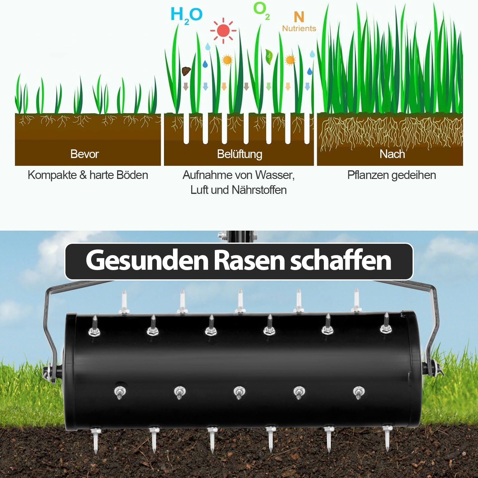 FANTASK Rasenlüfter Walze - 53x130cm, Mit 3,4cm Nägeln, Befüllbar