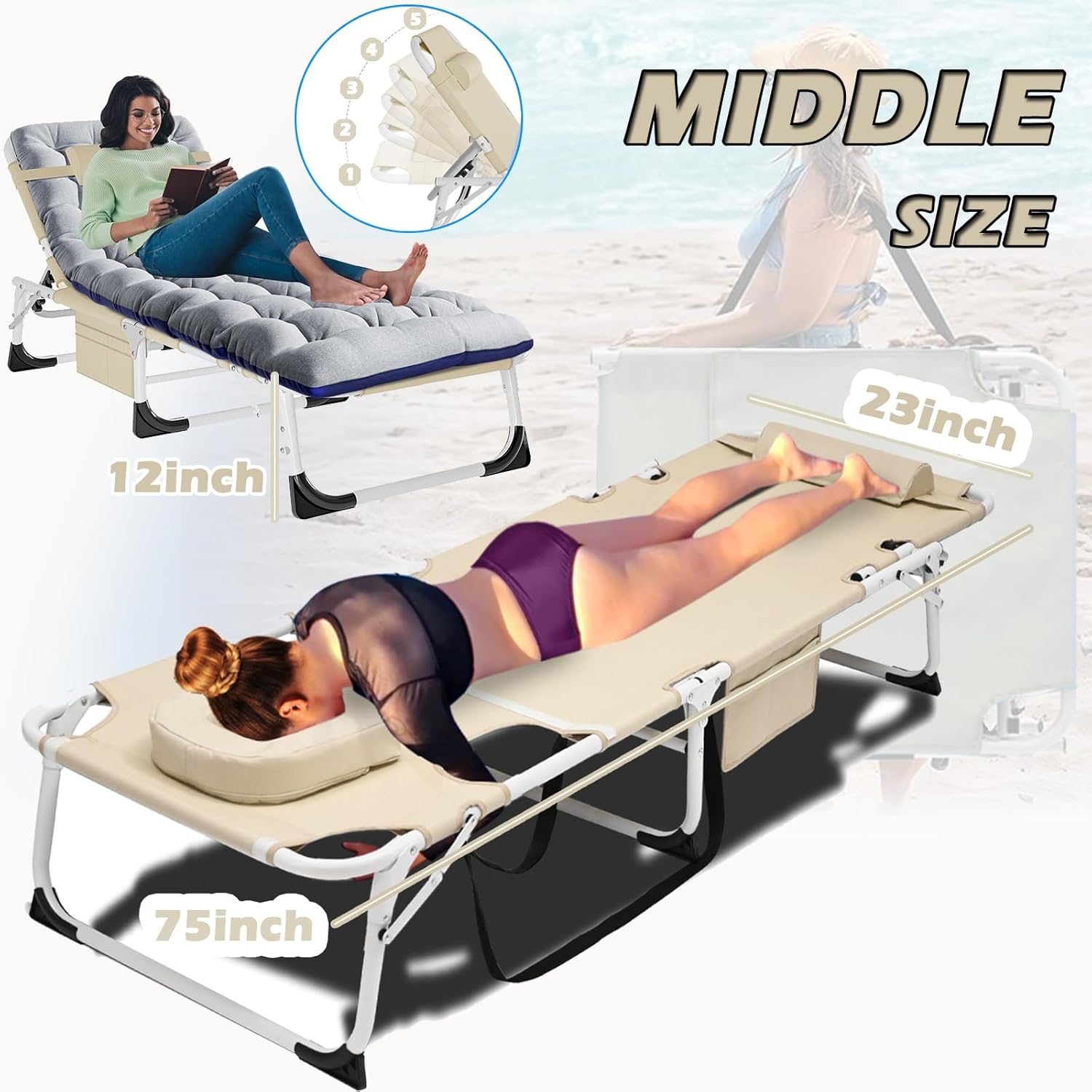 Oversized 3-in-1 Patio Lounge Chair with Mattress, Heavy Duty Folding Portable Outdoor Chair for Garden, Camping, and Lawn Relaxation