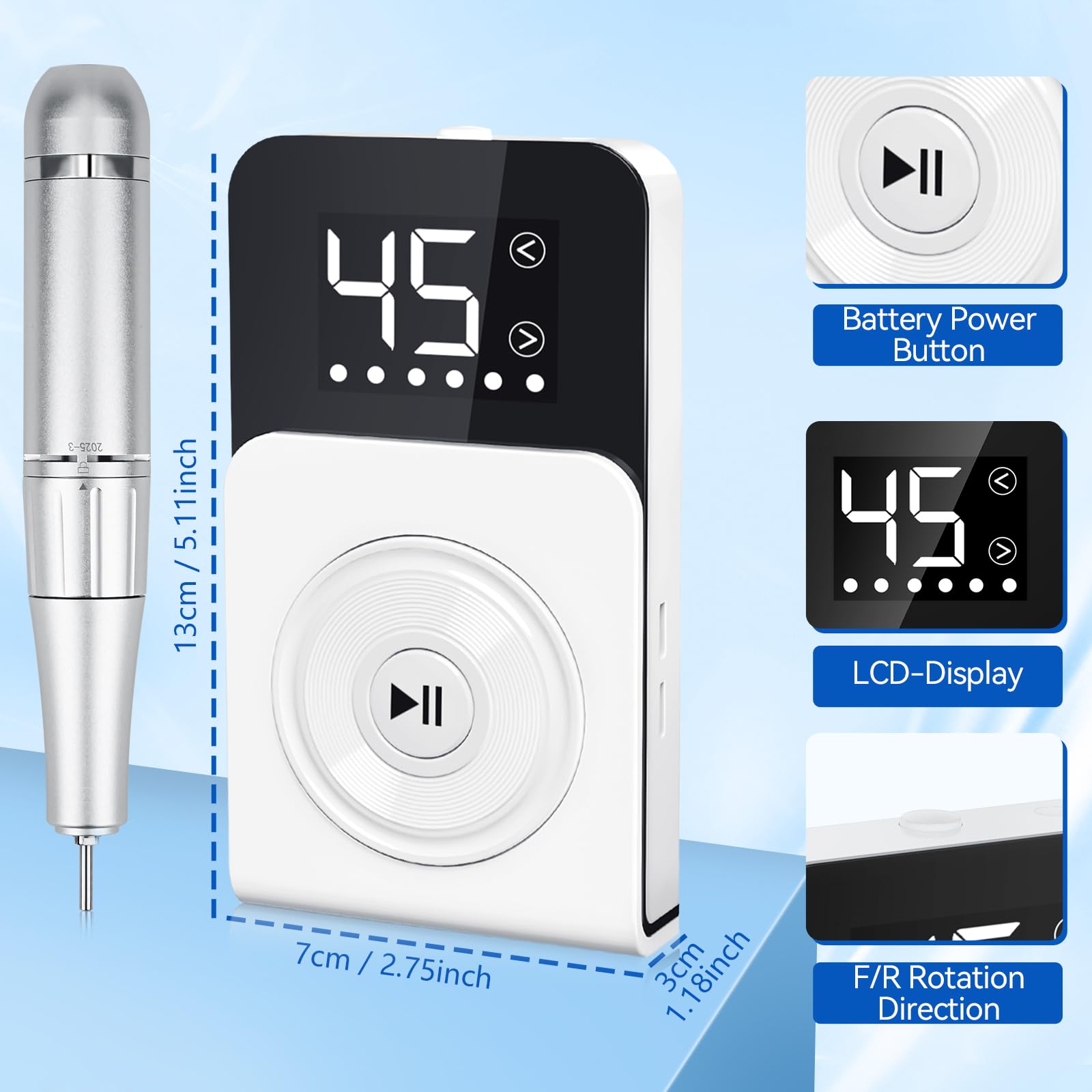 Torno para Uñas,Torno para Uñas Profesional 45000 RPM 12 en 1 Taladro de Manicura Portátil 3000 mAh con Pantalla LCD,Lima Electrica Uñas,para Uñas Acrílicas y de gel (Blanco)