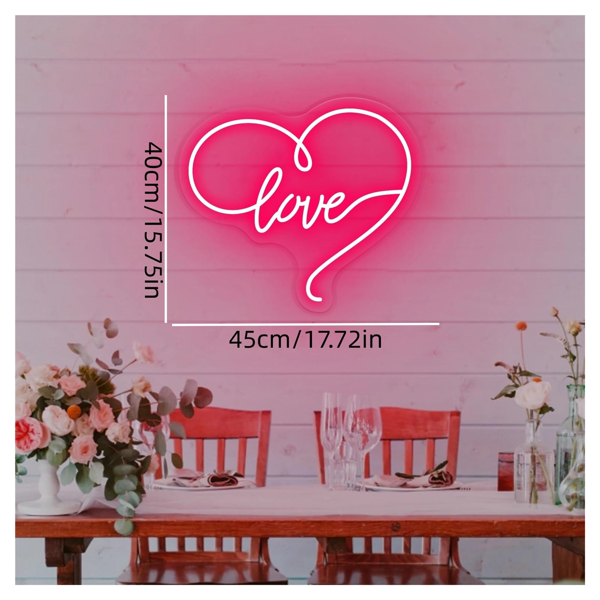 Wiszące neony artystyczne Neon Love Serce LED Light Z Możliwością Przyciemniania Dla Par Weselnych Walentynki Dekoracja Pokoju Na Przyjęcie Urodzinowe Lampa 17.72inx15.75in(Różowy)