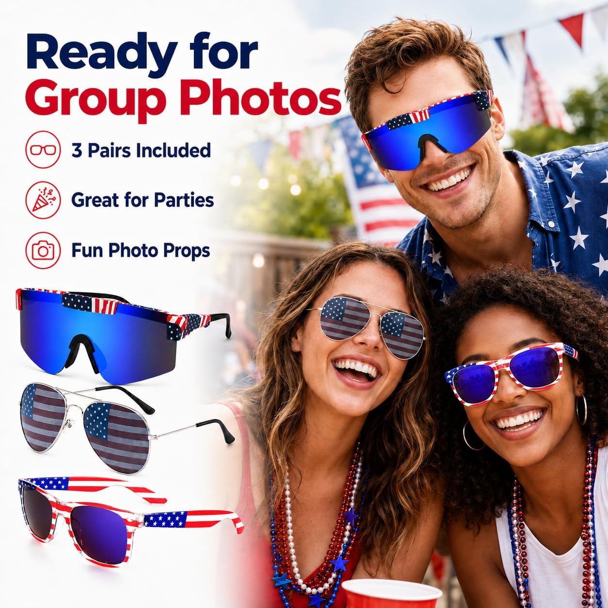 4th of July Sunglasses - 3 Pack American Flag Sunglasses for Women Men, Patriotic Red White and Blue Glasses for Independence Day, 250th Anniversary Fourth of July Accessories, USA Parade Party Favors