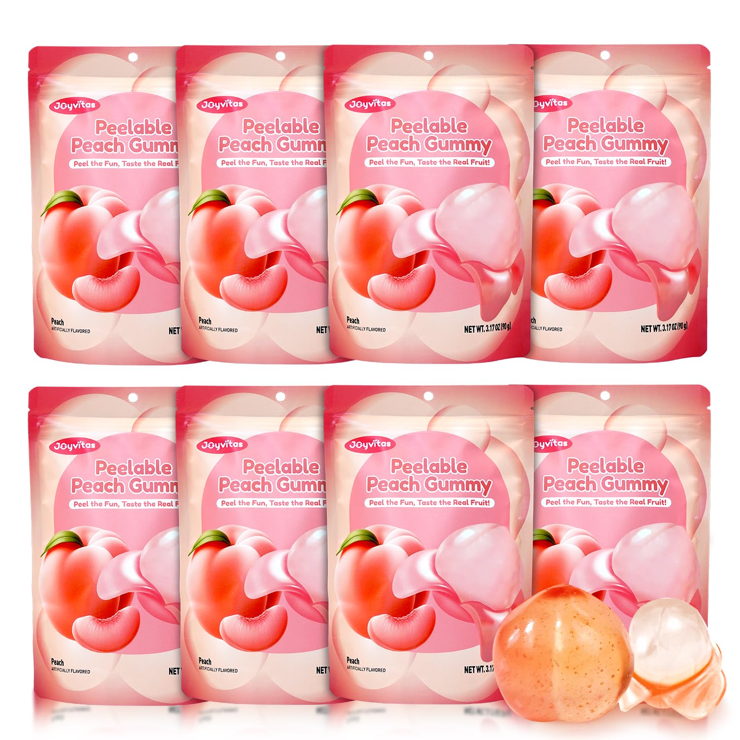 Christmas Peelable Gummy Peach Candy – Individually Wrapped Tropical Peeling Gummies Variety Pack, Low Sugar & Low Calorie, Perfect Stocking Stuffers & Christmas Gifts, Resealable Snacks (Pack of 8, 25.4oz, Peach)