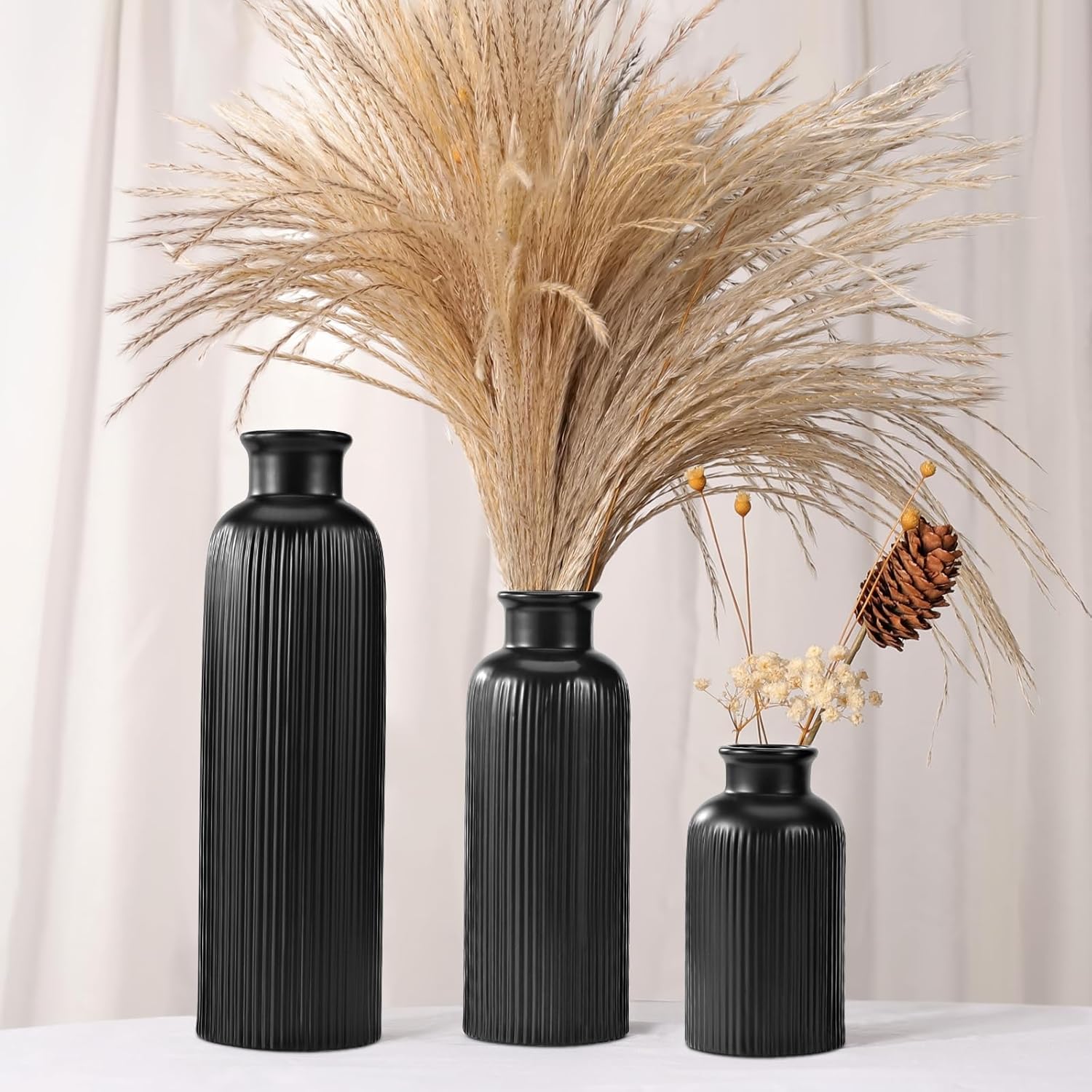 Small Black Ceramic Vase Set of 3, Boho Modern Black Flower Vase Room Decor, Farmhouse Decor, Vases for Your Kitchen, Bathroom, Bedroom, Living Room, Office&Shelf Centerpiece Table Decorations
