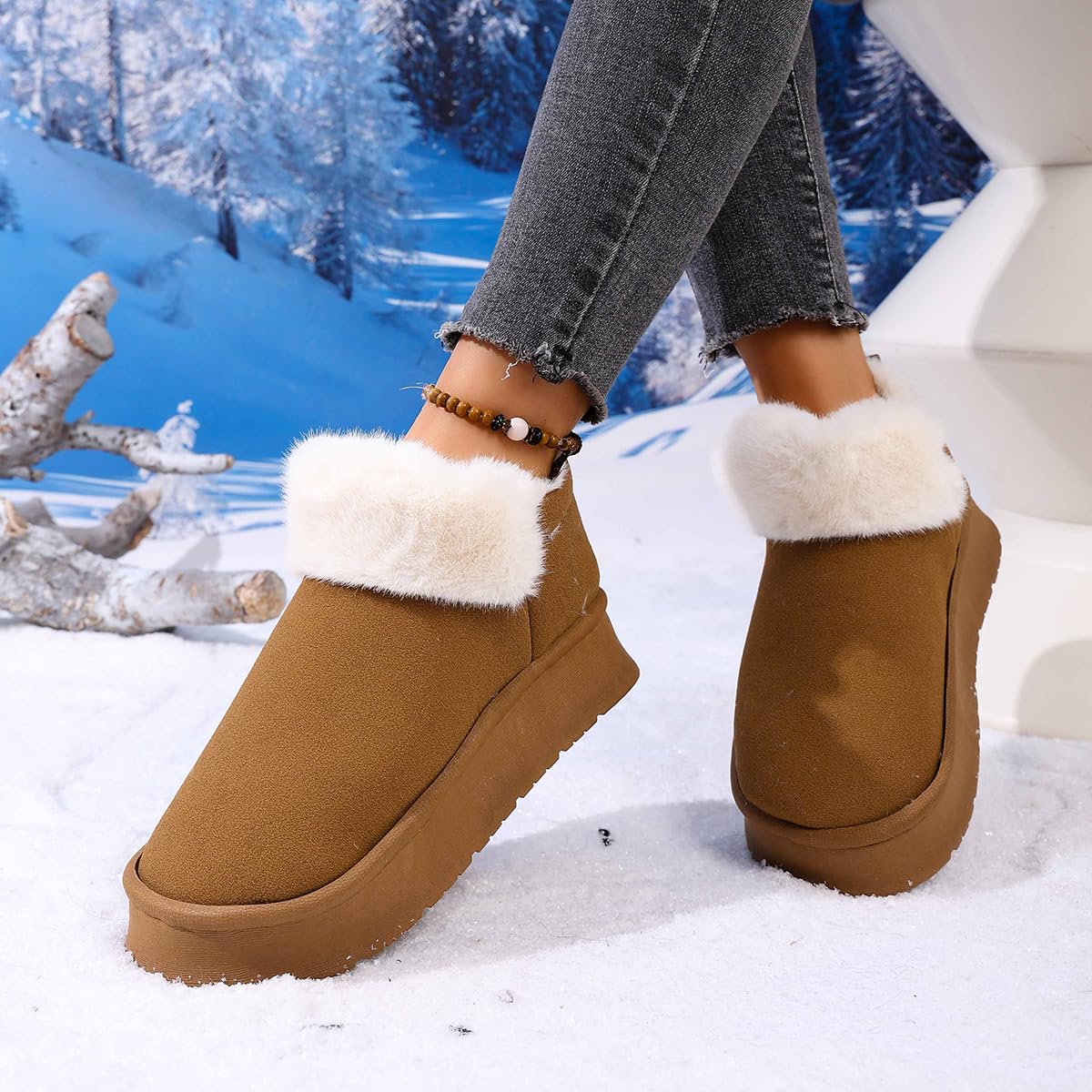 Womens Ankle-Length Platform Boots Fuzzy Warm Ankle Shoes - Winter Indoor Outdoor Snow Boots