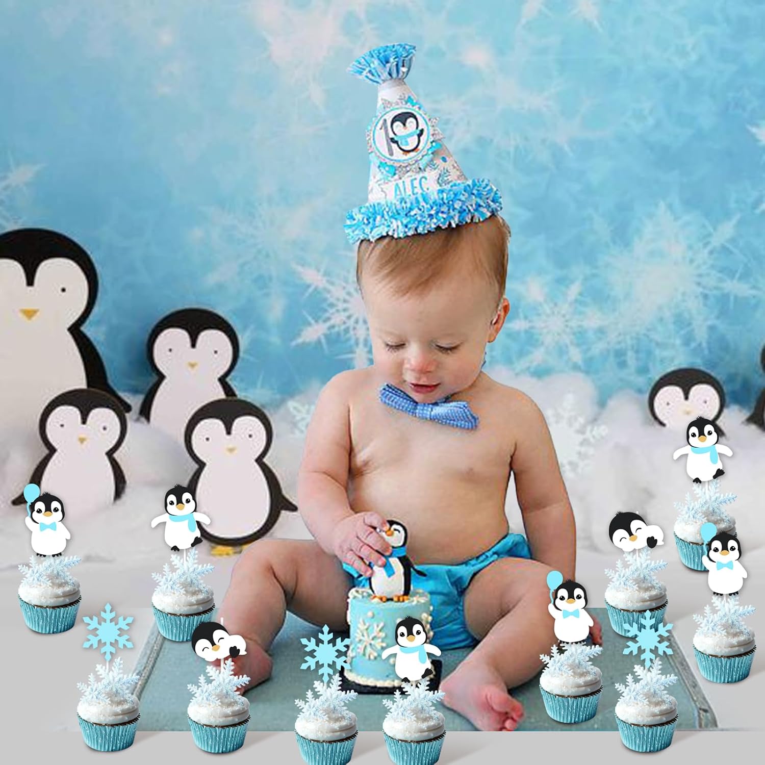 Penguin Cake Toppers 24 PCS Blue Winter Penguin Party Decoration Penguin Birthday Party Decors Arctic Animals Birthday Party Supplies Penguin Baby Shower Decors Winter Onederland Supplies