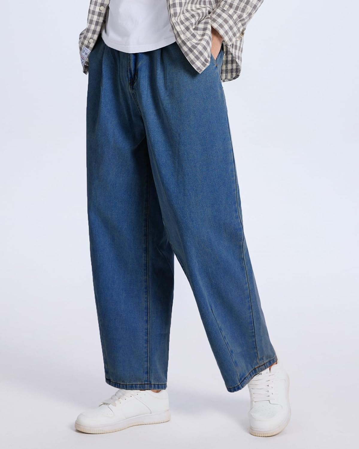 YEXPINE Baggy Jeans for Men Pleated Wide Leg Elastic Waist Denim Pants Y2K Streetwear