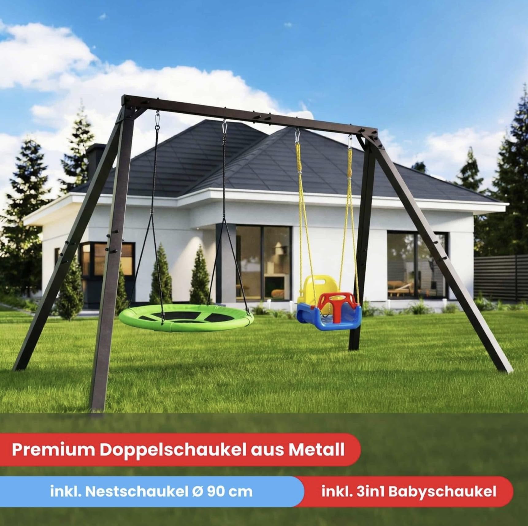K-Sport: Doppelschaukel Gestell (Metall) I 1x Set-Schaukel 1x Nestschaukeln im Set erhalten I Schaukelgestell bis 300kg belastbar I Outdoor Schaukel I Schaukelgerüst inkl. Bodenanker I Made in EU