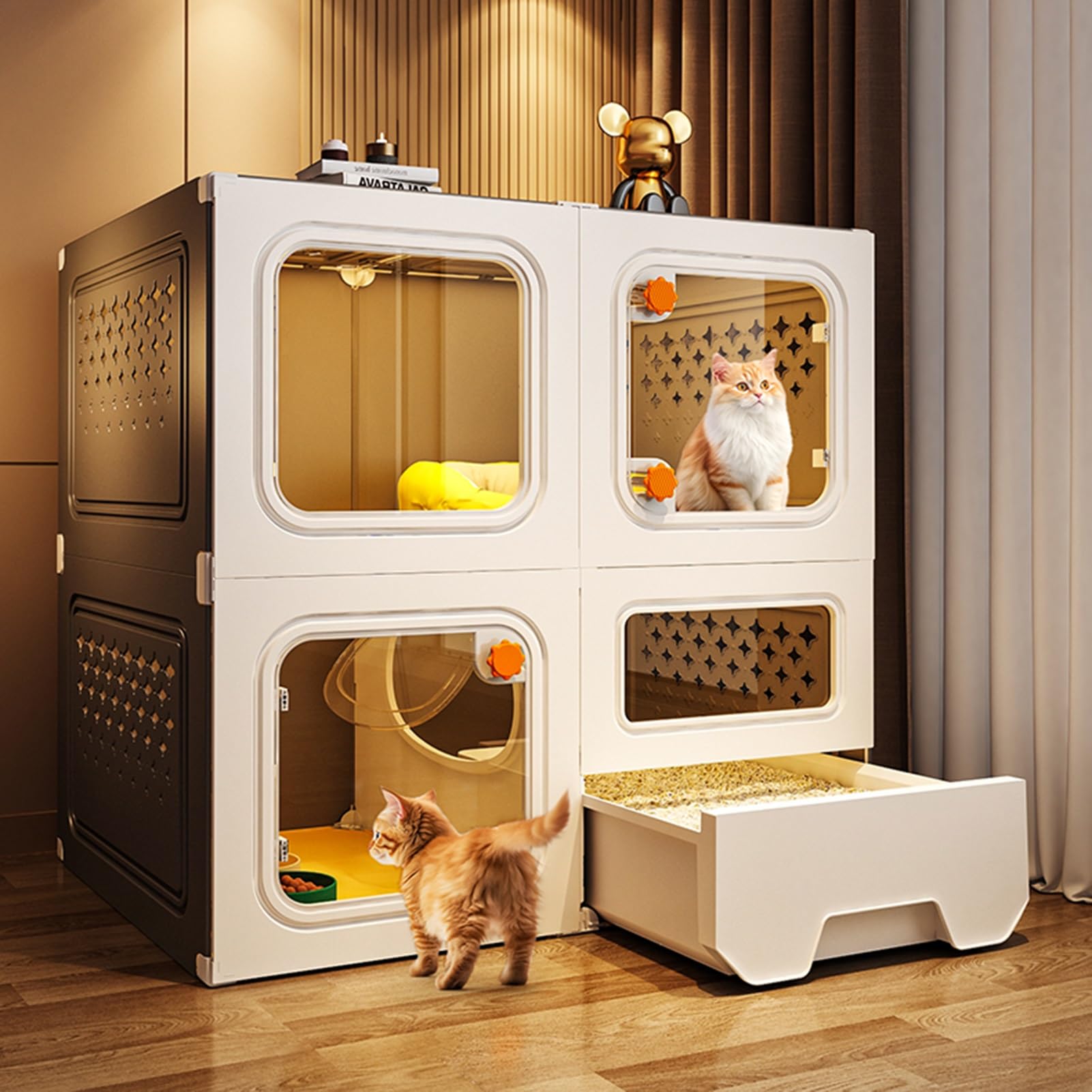 Recinto Grande para Gatos de Interior, caseta para Gatos de 2 Niveles con Ventanas Transparentes y cerraduras con perillas, condominio Cerrado multifunción para Gatos con cajón para Caja de
