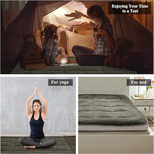 Miniatura 7 de YOSHOOT Colchón de futón japonés de forro polar de invierno, tamaño matrimonial, gris, grueso, esponjoso, reversible, lanudo para invitados,