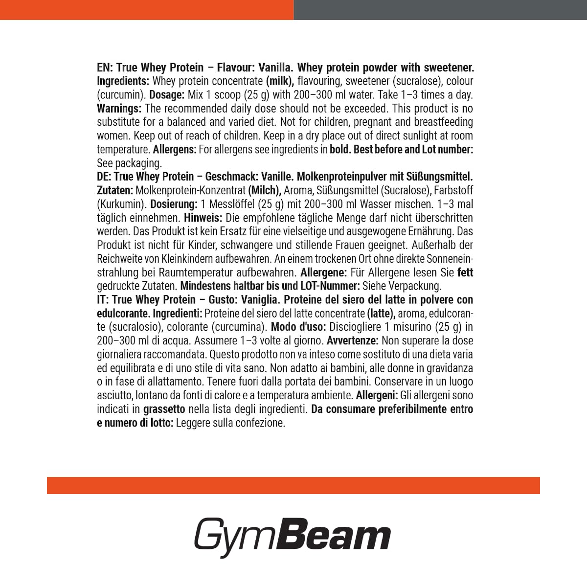GymBeam True Whey Protein w proszku – koncentrat białka serwatkowego (WPC), białko serwatkowe, delikatna filtracja, wysoka wartość biologiczna, niezbędne aminokwasy, BCAA (1000 g, wanilia)