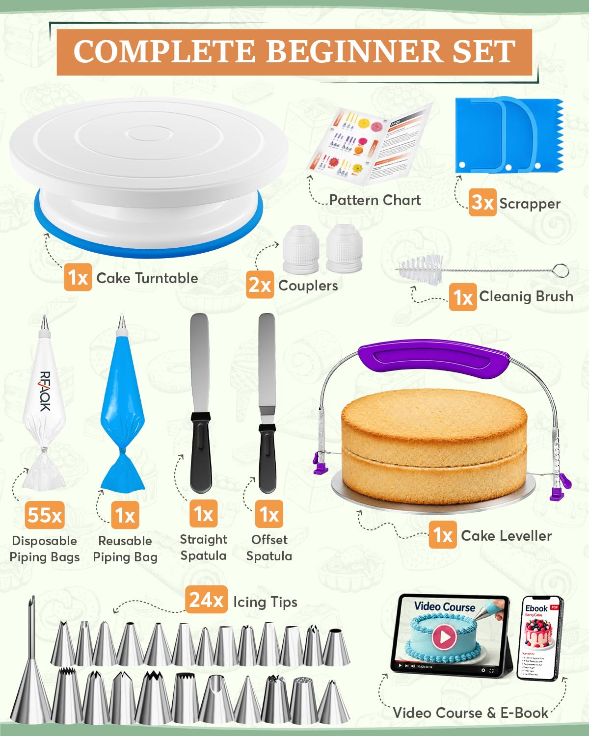 RFAQK Kit da 64 pezzi per decorare torte con piatto girevole per torte, livellatore per torte, 24 punte numerate con schema e eBook, spatola dritta e offset, 30 sacchetti per glassa, 3 set di