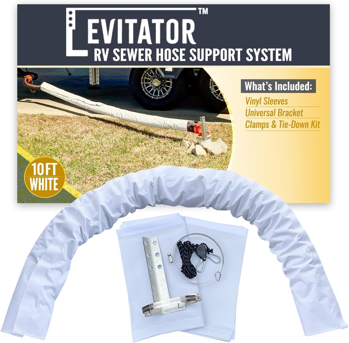 LEVITATOR RV Sewer Hose Support | Elevated Holder for Drainage | 10 Ft Protective Sleeve | Optimized Support Up to 7 Ft Span | Fits Standard RV Sewer Hoses | All Terrain | White