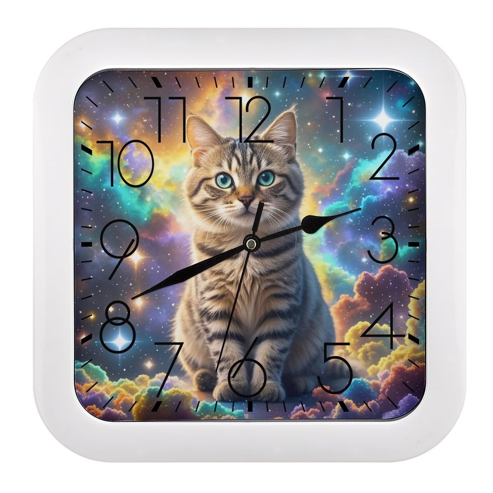 LZQPOEAS Cat Sitting Inside Nebula Wall Clock Fashionable Versatile Silent Wall Clock Simple Elegant Non Ticking Analog Clocks Easy to Install Square Modern Clocks for Home Decoration