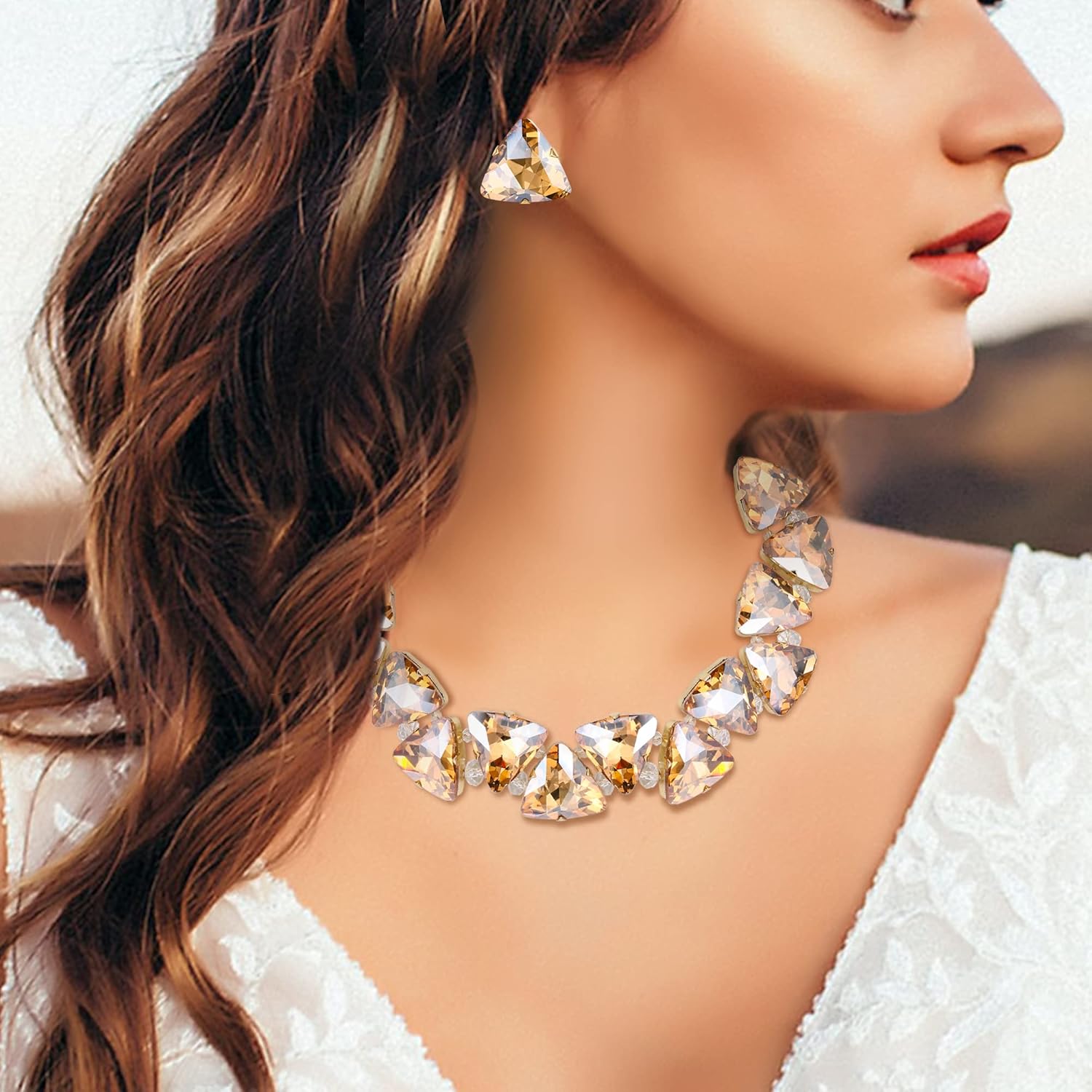 BriLove Art Deco Sparkly Triangle Statement Necklace Earrings Set for Women - Image 2