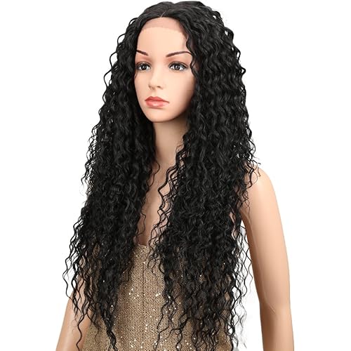 Joedir Lace Front Wigs Ombre Blonde 28'' Long Small Curly Wavy Synthetic Wigs For Black Women 130% Density Wigs (natural black)
