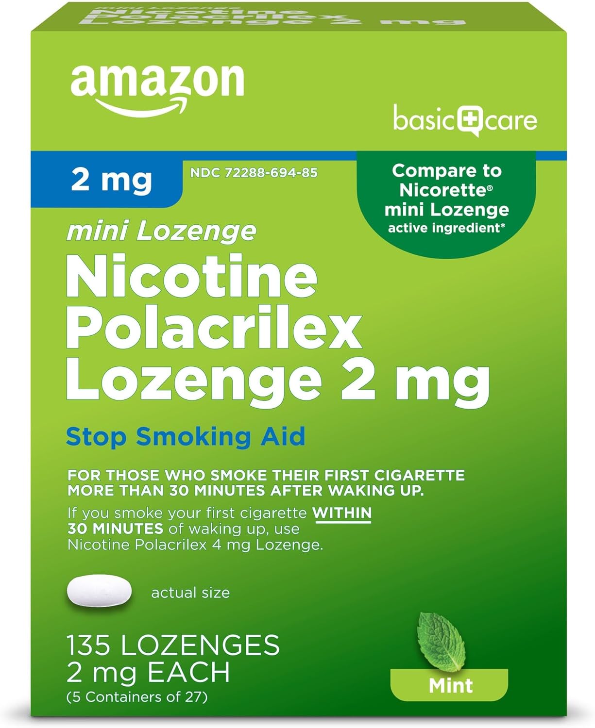 Amazon Basic Care Mini Nicotine Polacrilex Lozenge, 2 mg (Nicotine), Stop Smoking Aid, Mint Flavor, Reduces Cravings, 135 Count (Packaging may vary)