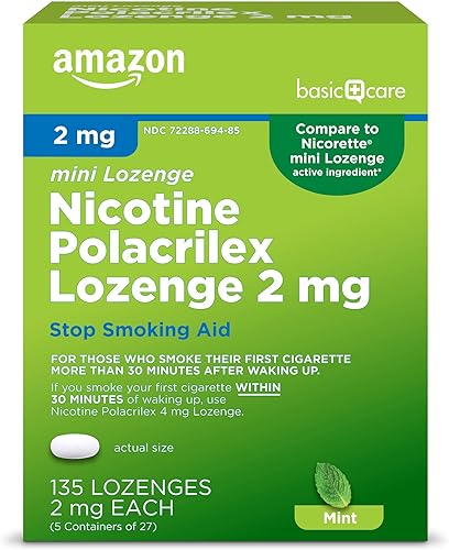 Amazon Basic Care Mini pastilla de nicotina Polacrilex, 2 mg (nicotina), ayuda para dejar de fumar, blanco, menta, 135 unidades
