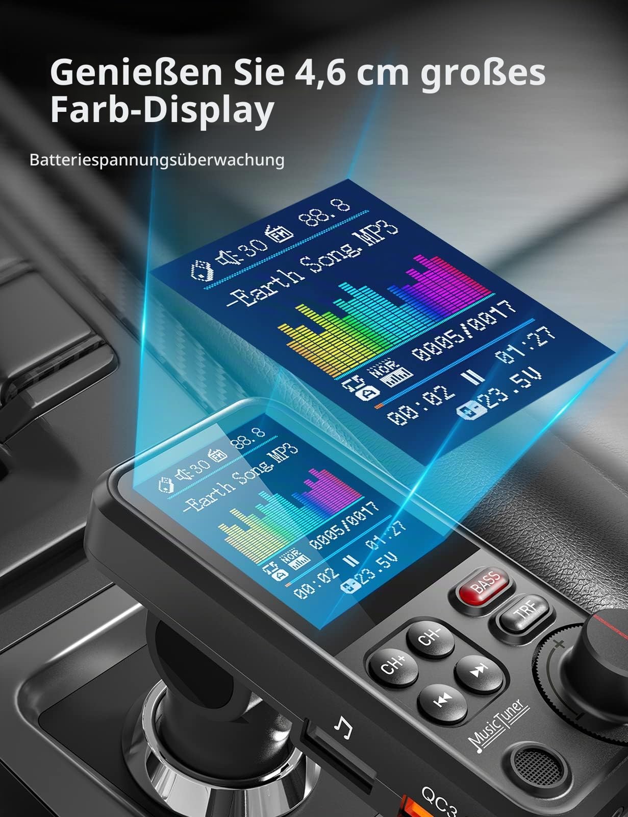 Nulaxy Bluetooth Adapter Auto, Starkes Mikrofon FM Transmitter Auto Bluetooth mit 1,8-Zoll-Farbbildschirm für Freisprechanrufe, unterstützt QC3.0-Lade-, Höhen- und Bassmusik-Player - KM30
