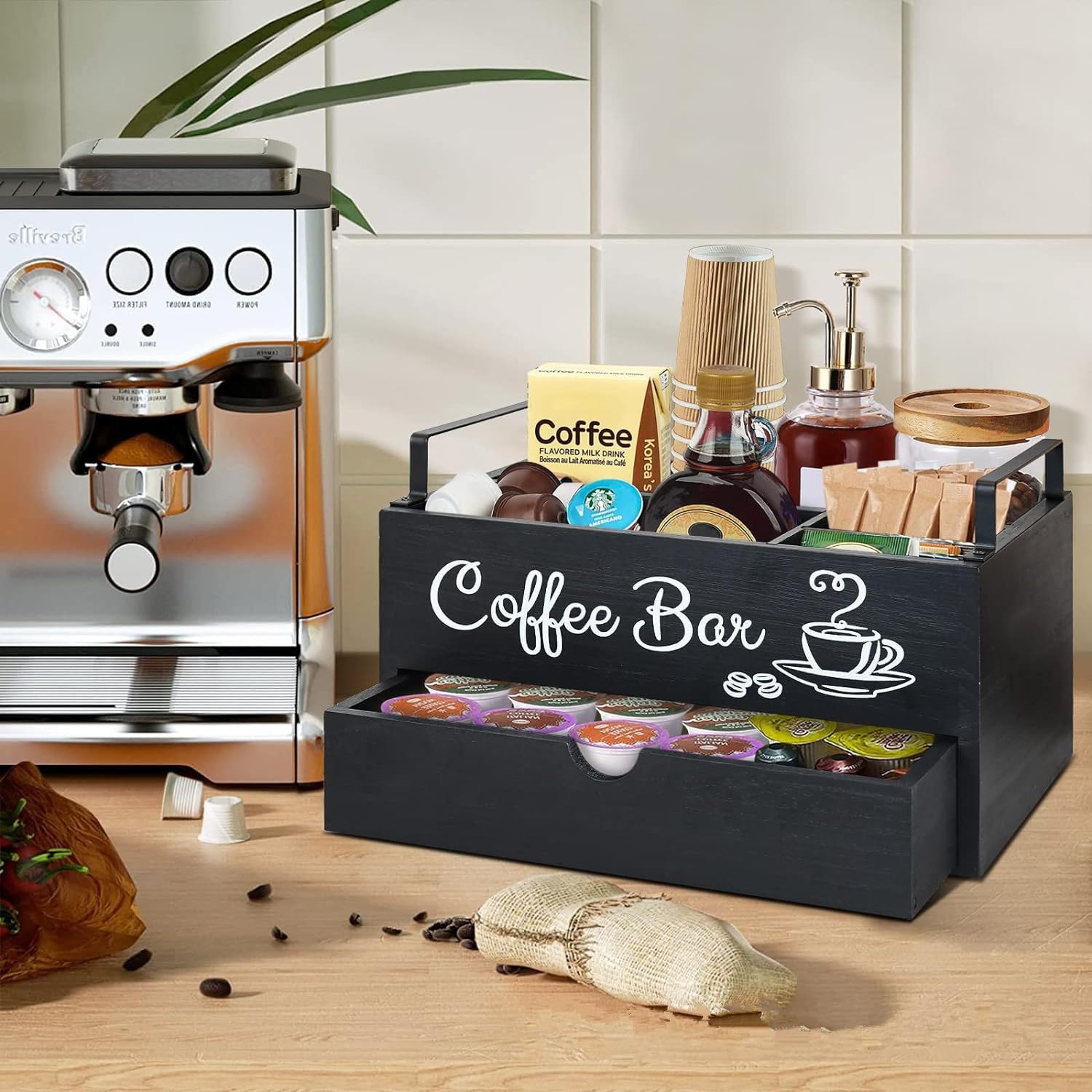 Koffieorganizer van hout, houten koffiebar-accessoire-organizer met lade, landelijke koffiepods houder, opbergdoos met handvat, koffiebar-organizer, werkblad voor thuiskantoor