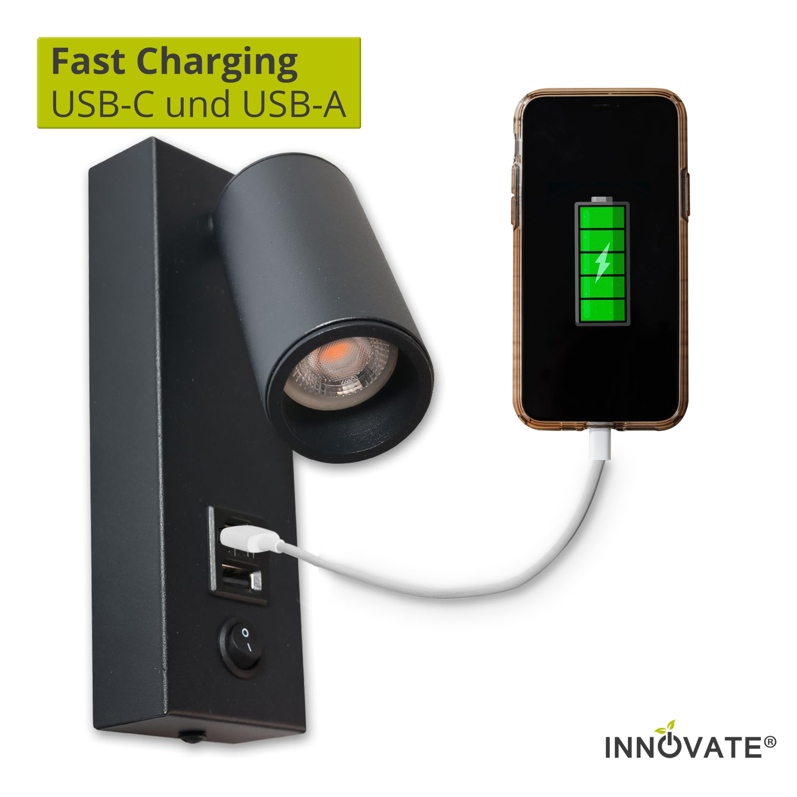 INNOVATE Leselampe Bett Nachttischlampe USB Ladefunktion [270 Lumen 4.5W 3000K] LED Wandleuchte innen Schalter I Bettlampe Wandmontage Schlafzimmerlampe Leselicht I LED Bettleuchte USB-C und -A