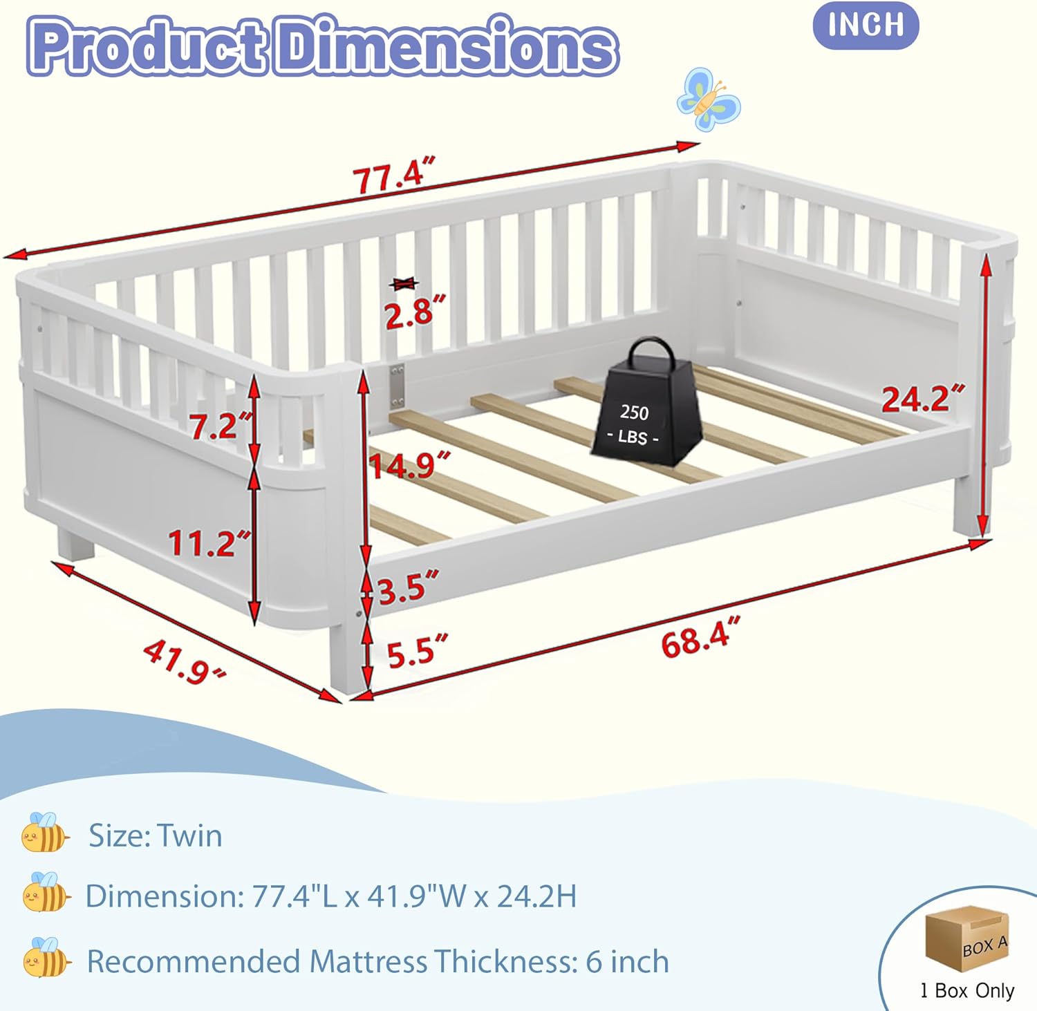 Twin Size Bed Frame for Kids with Rails, Montessori Bed, Solid Wood Kids Day Beds with Slats Support, Low Profile Twin Bed with Pine Wood Frame for Boys and Girls, White