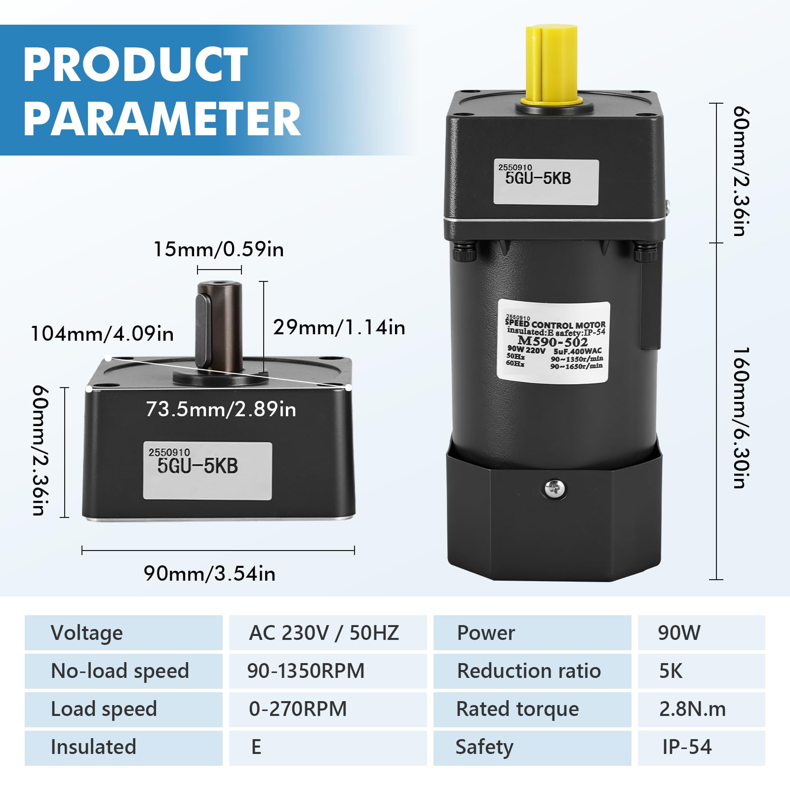 MXBAOHENG Motore elettrico monofase da 90 W con velocità regolabile, 220 V AC, con coppia elevata e regolatore di velocità (riduzione 5 K)