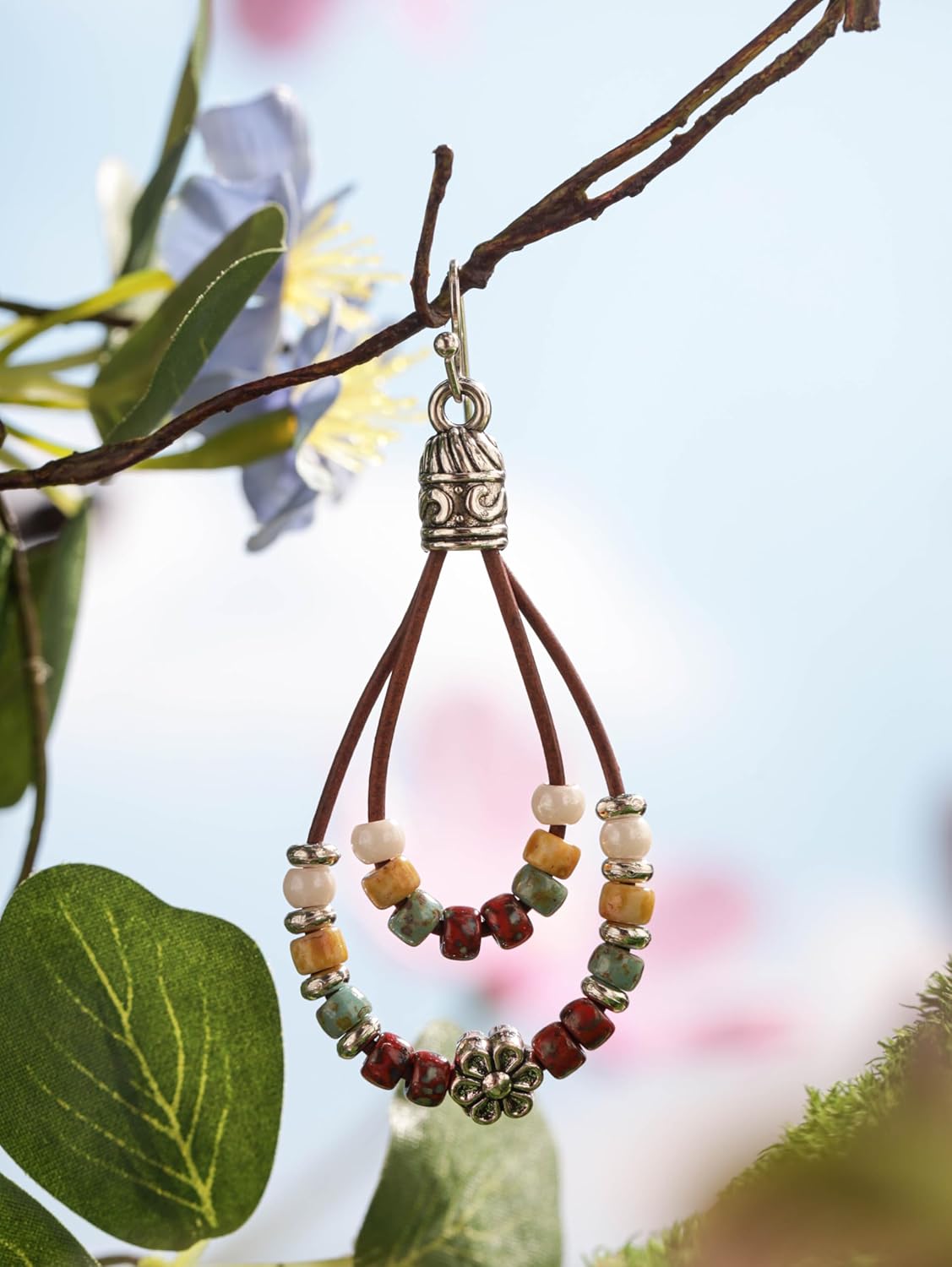 MINACHI Statement Boho Drop Earrings with Silver Floral Charm and Colorful Beads, Handmade Leather Loop Earrings for Women - Image 9
