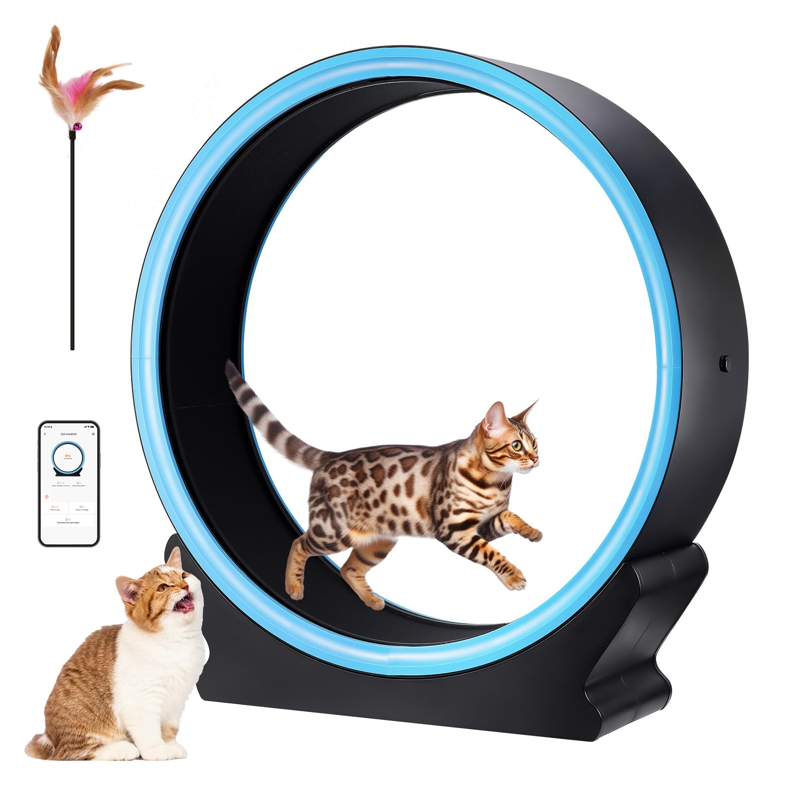 HICHEE Cat Exercise Wheel with LED Light, 28dB Low Noise Cat Wheels for Indoor Cats, Smart App Connection Cat Running Wheel, Lock Pin and Silent Runway