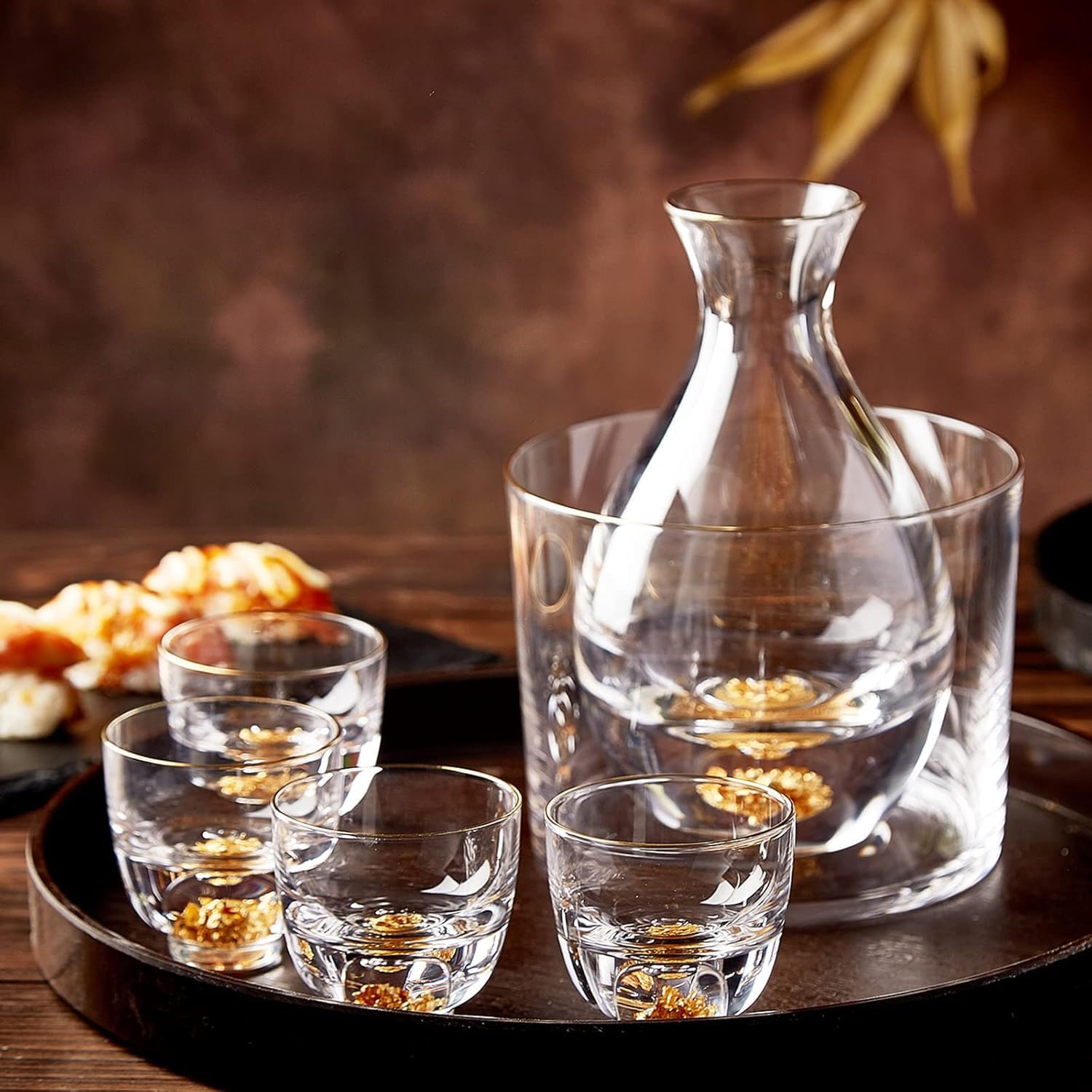 Sake Set for 4, Crystal Sake Glass Decorated with 24K Gold Leaf Flakes, 1 Sake Bottle, 1 Sake Tank and 4 Sake Cups/Shot Glass, Cold Sake Carafe, Beautiful & Luxury Japanese Gifts Set - 6 pcs