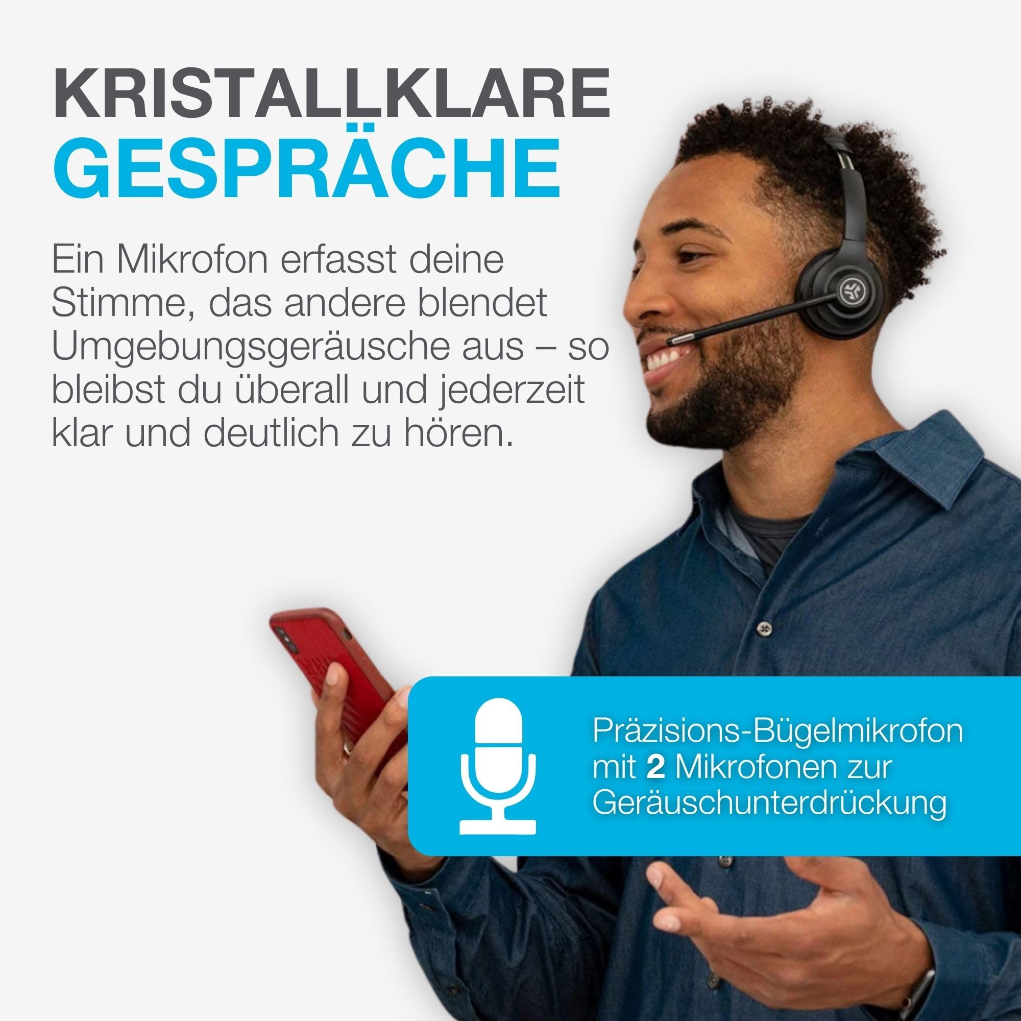 JLab Go Work 2nd Gen Bluetooth Headset mit Mikrofon & USB C Dongle, Akku 55h+, Wireless Headset PC mit Noise Cancelling Mikrofon, kabellos & per Kabel, Multipoint, für Handy, Office, Büro