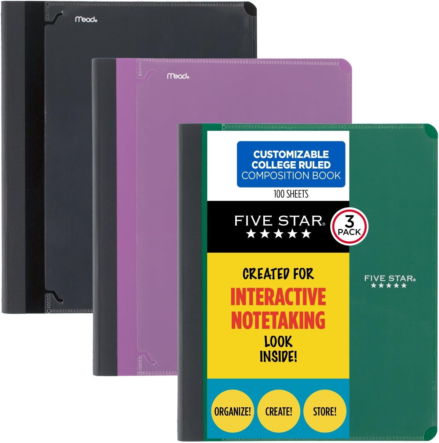 Five Star Interactive Notetaking Composition Books, 3 Pack, 1-Subject, College Ruled Paper, 11" x 8-1/2", 100 Sheets, Black, Amethyst Purple and Forest Green (38611)