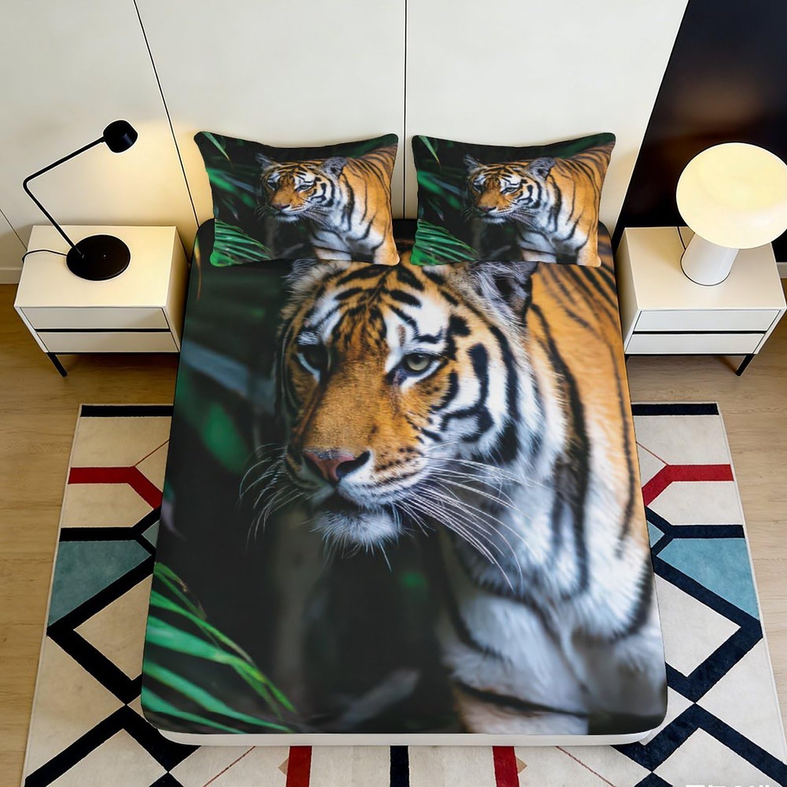 3D Printed Tiger Pattern Fitted Sheet Microfiber Deep Pocket Non-Slip Tiger Theme Mattress Fitted Cover Bedroom Bedding for Adults Teens 180x200x25cm