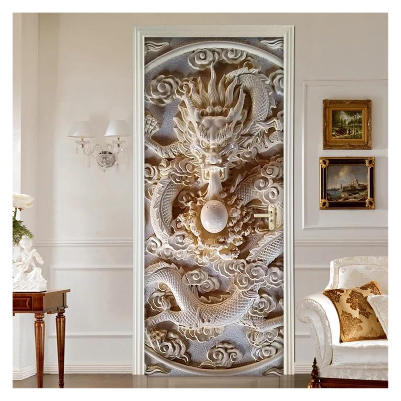 Sculpture de jade 3D autocollante de prestige pour habillage de porte intérieure en PVC