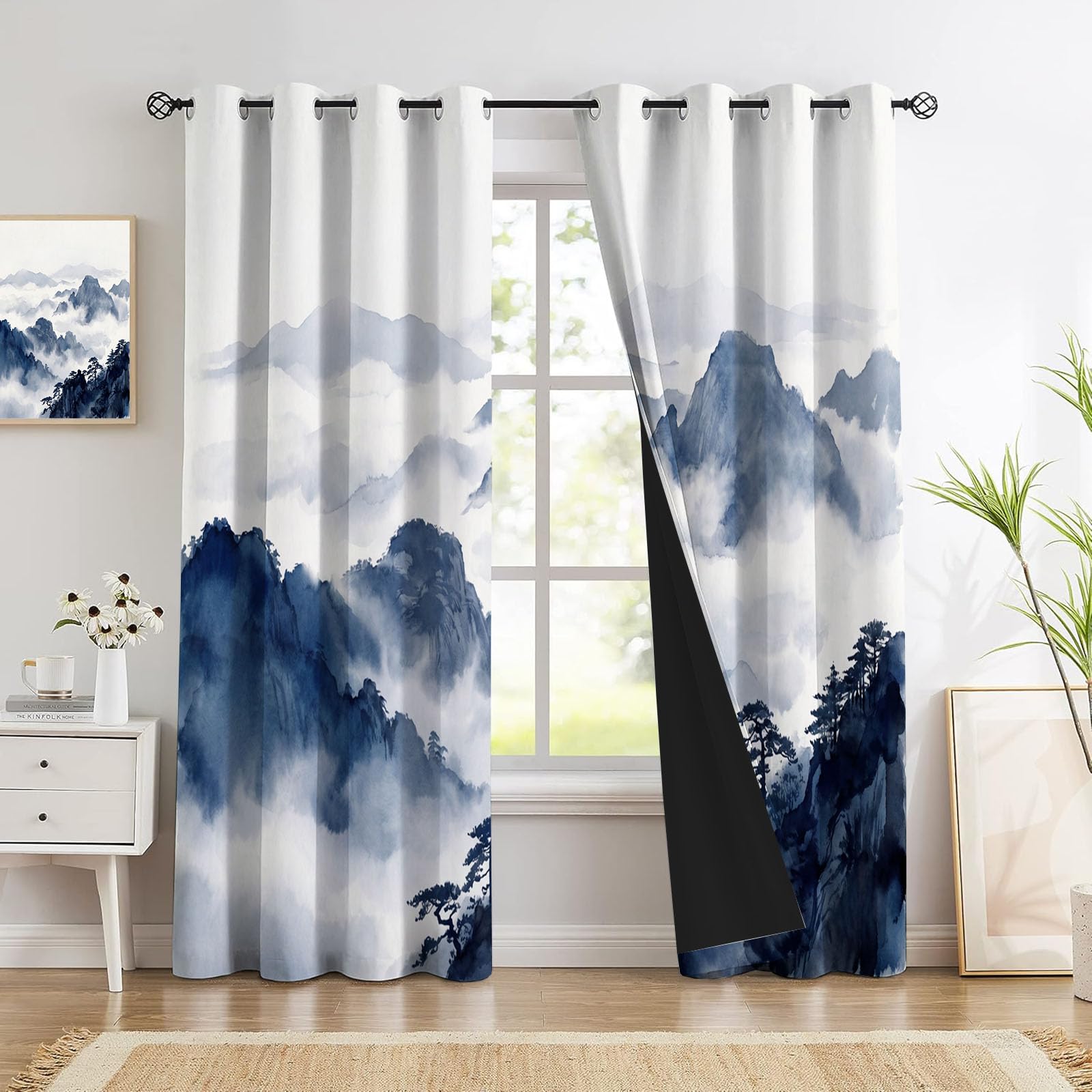Rideau occultant thermique motif montagne en encre 140x240cm lot de 2