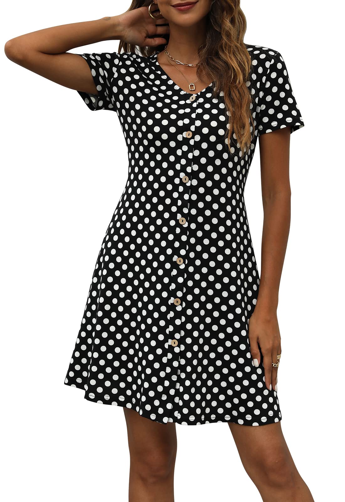 Womens Dresses Button Swing Dress BTFBM Womens Polka Dot Print