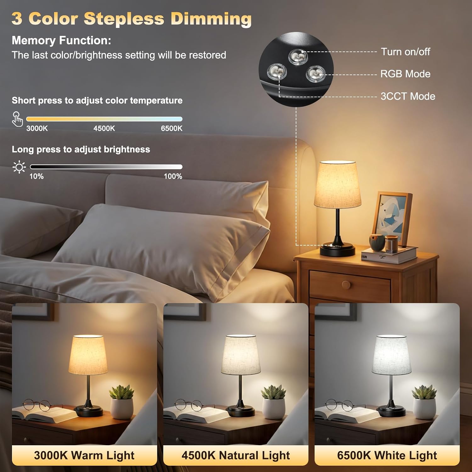 wowag small cordless table lamp rechargeable,5000mah battery operated desk lamp,3 colors & 7 rgb stepless dimmable,touch ambient light for bedside,bedroom,dining room,living room,black,flaxenshade black+flaxen shade 12in