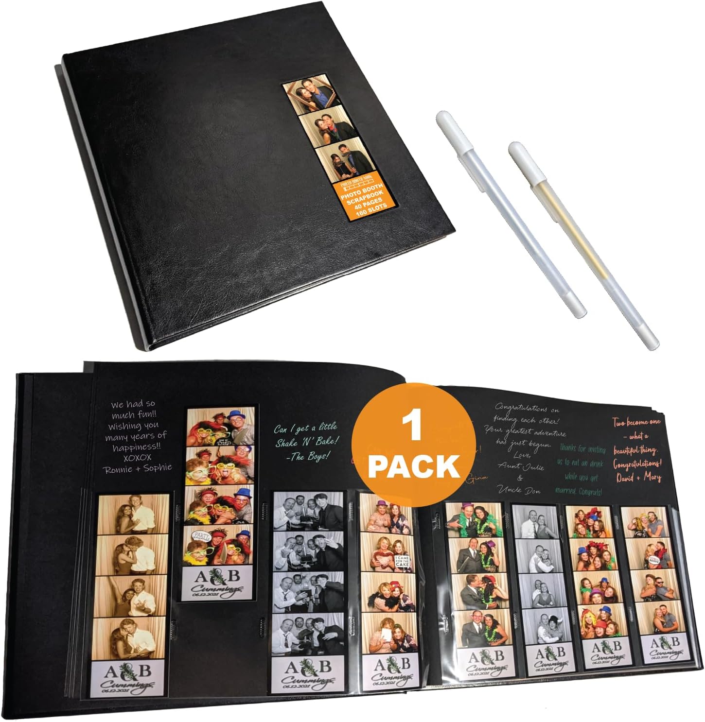 Photo Booth Nook | Photo Booth Album (1 count) | Black Cover – 40 Black Pages | 160 Slots for 2×6 Photo Strips | 2×6 Cover Picture Slot | Silver and Gold Gel Pens