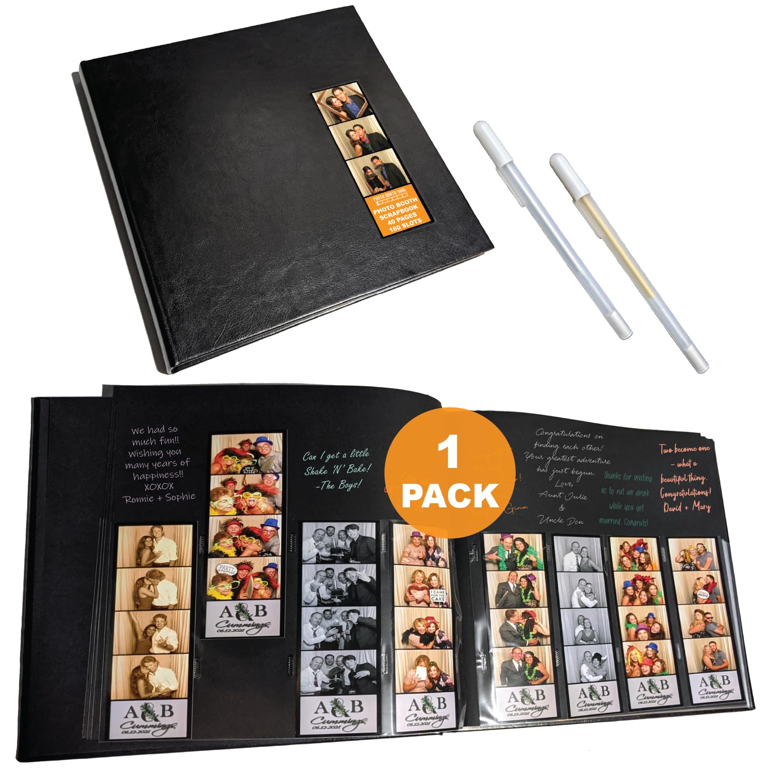 Photo Booth Nook | Photo Booth Album (1 count) | Black Cover - 40 Black Pages | 160 Slots for 2x6 Photo Strips | 2x6 Cover Picture Slot | Silver and Gold Gel Pens