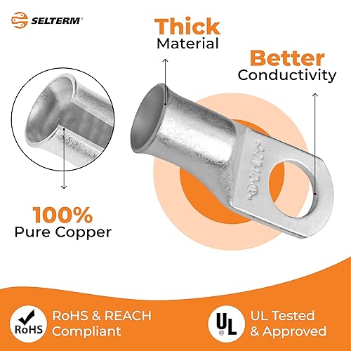 Miniatura 152 de SELTERM - Terminal en anillo de grado marino UL 2/0 AWG 3/8 pulgadas (25 uds) para batería, terminal tubular de cable eléctrico, conector calibre