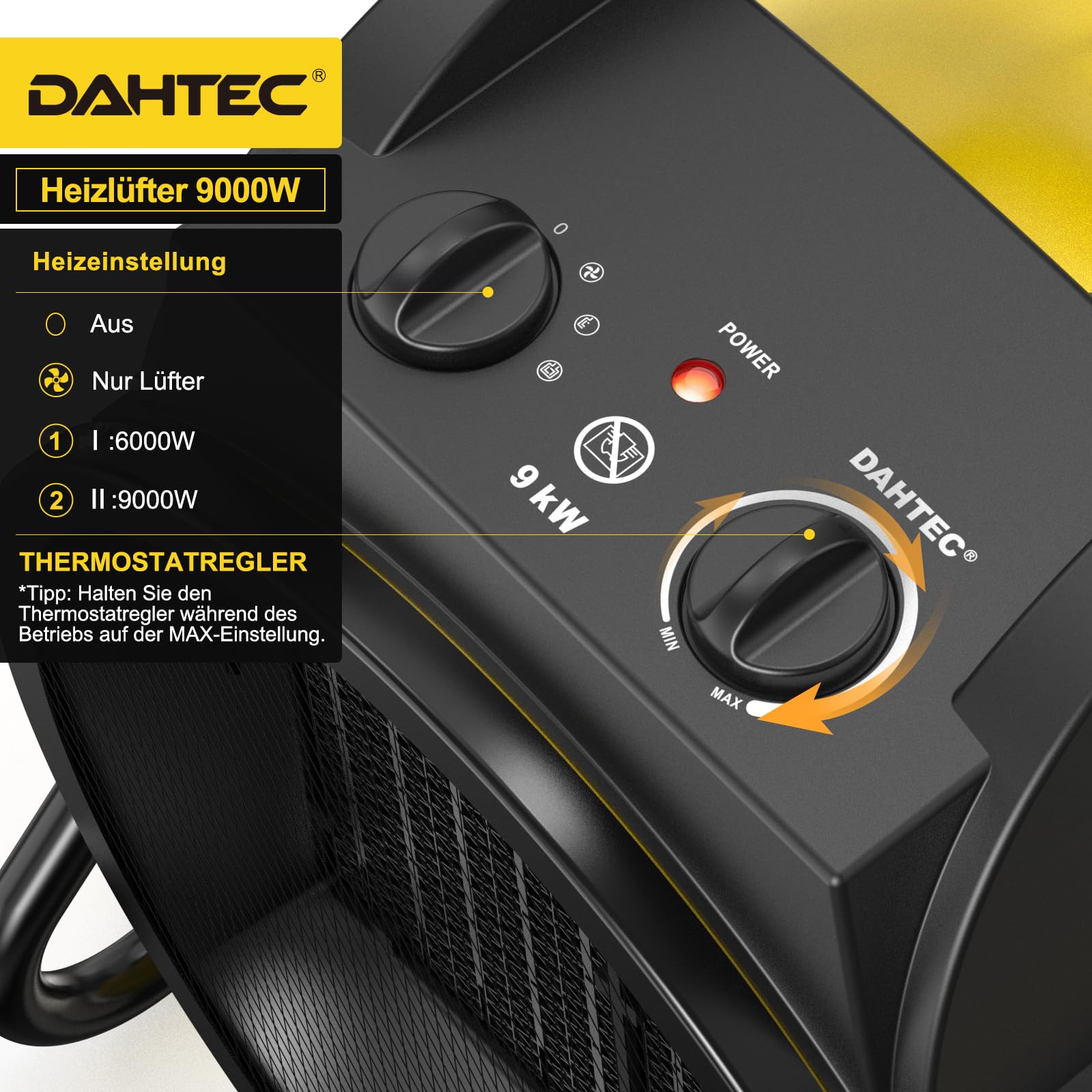 DAHTEC Heizlüfter 2000 Watt Keramik mit Thermostat, 3 Heizstufen | Heizstrahler Elektro Bauheizer – Heizgerät ideal für Badezimmer, Hausgebrauch, Terrasse, Garage, Baustellen, Werkstatt