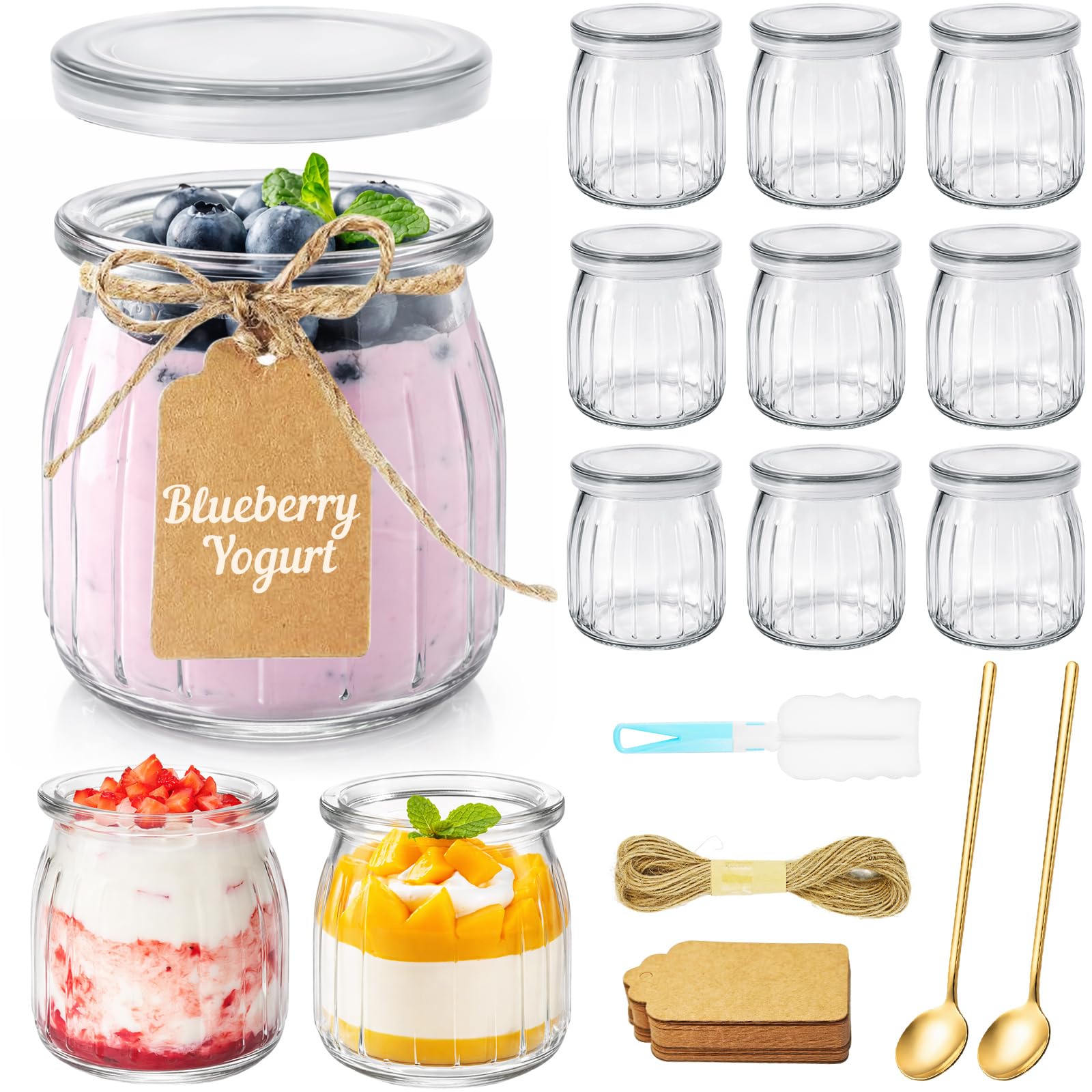 12 Stück 200ml Durchsichtige Joghurtgläser mit Deckel und Löffel, Mehrzweck Dessertgläser für Marmelade, Desert Gläser Set Glas, mit Etikette, Bürste, Seil für Joghurt, Honig