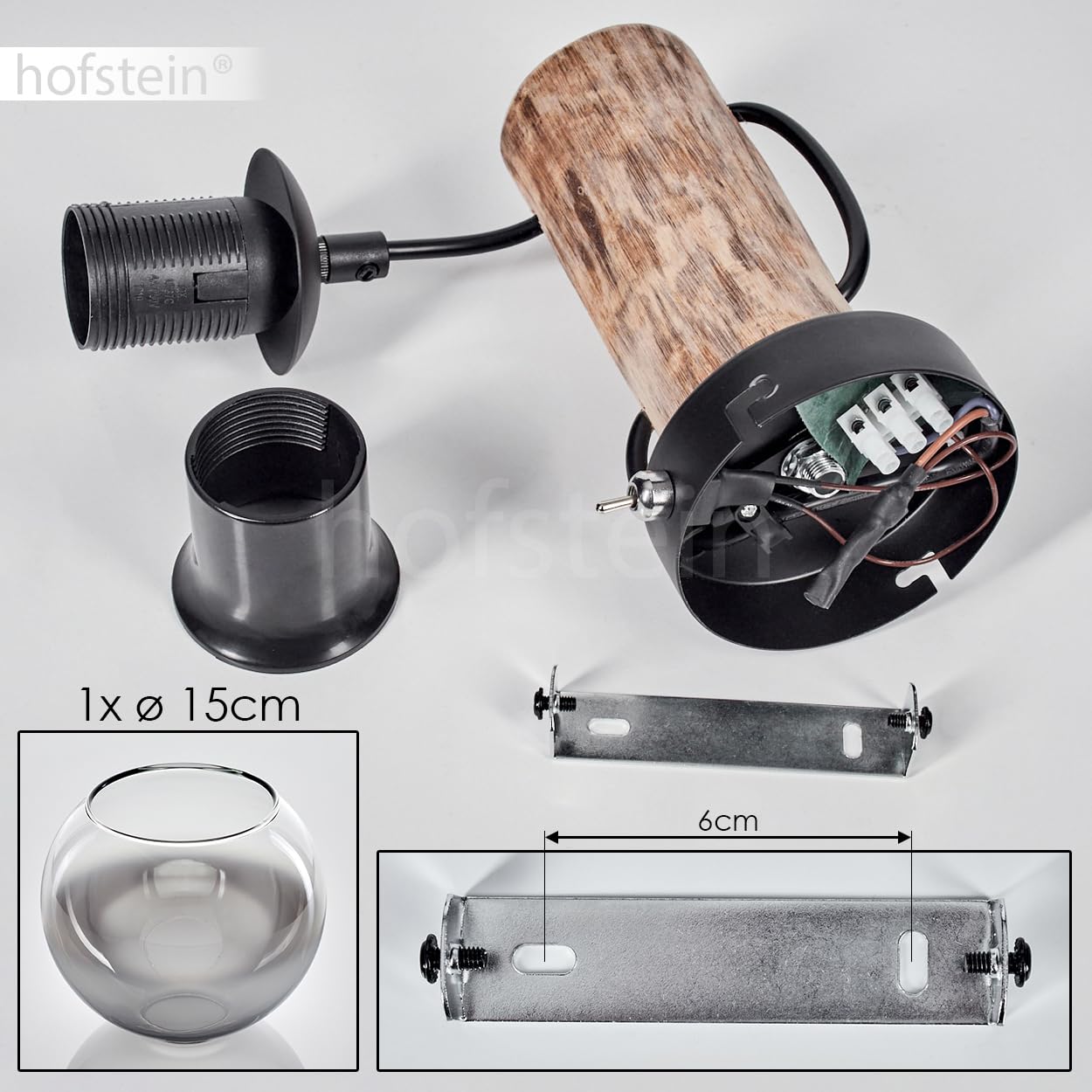 Wandleuchte Koyoto, Wandlampe aus Metall/Holz/Glas in Schwarz/Natur/Chrom/Klar, Leuchte im Retro/Vintage-Design mit Schirm aus Glas (Ø 15 cm) u. An/-Auschalter am Gehäuse, 1 x E27, ohne Leuchtmittel