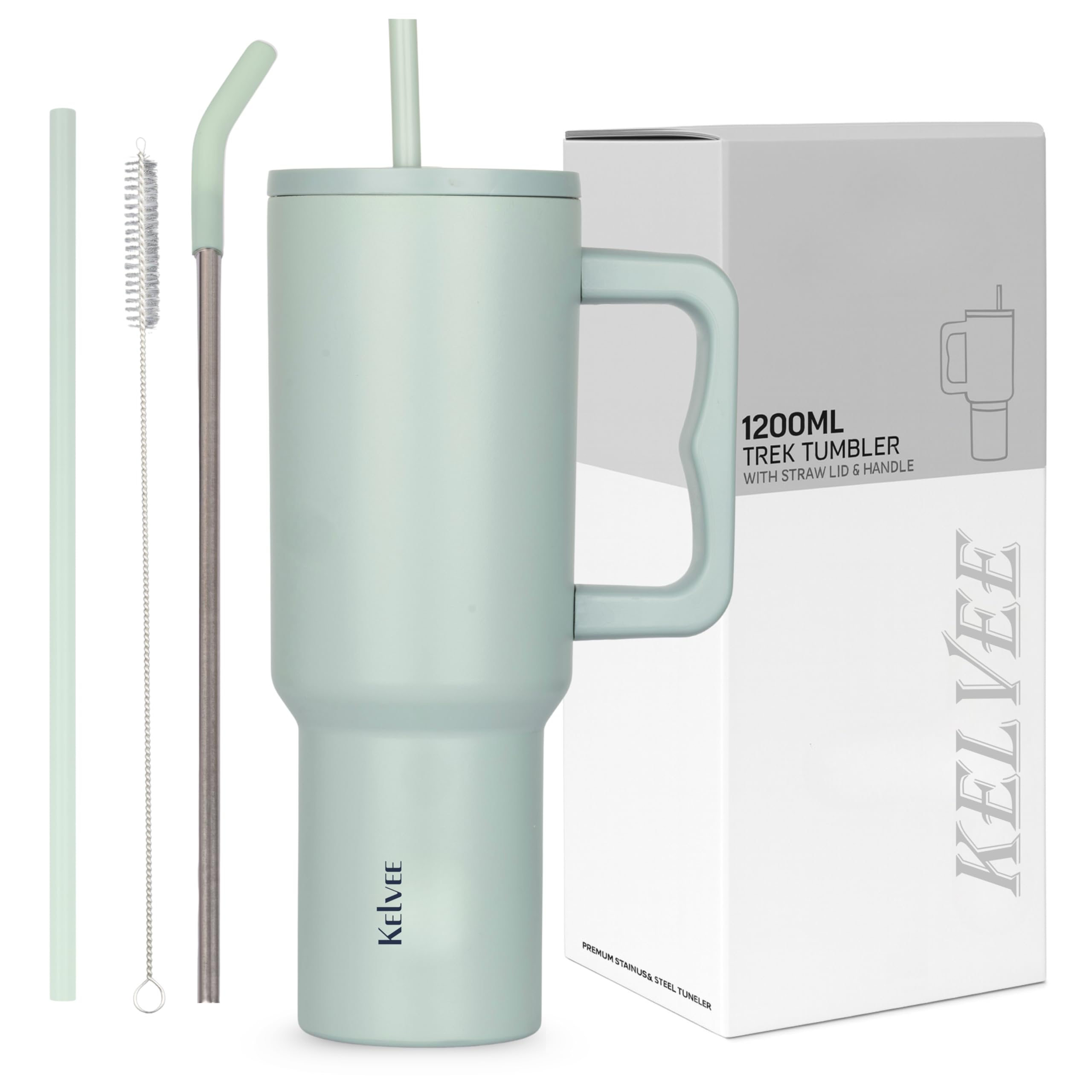 KELVEE 40oz Tumbler with Handle and Straw Lid, Reusable Cup Leakproof Iced Coffee Sipper Mug for Keeping Beverages Water Hot or Cold,Perfect for Travel, Gym 1.2L (Pistachio)