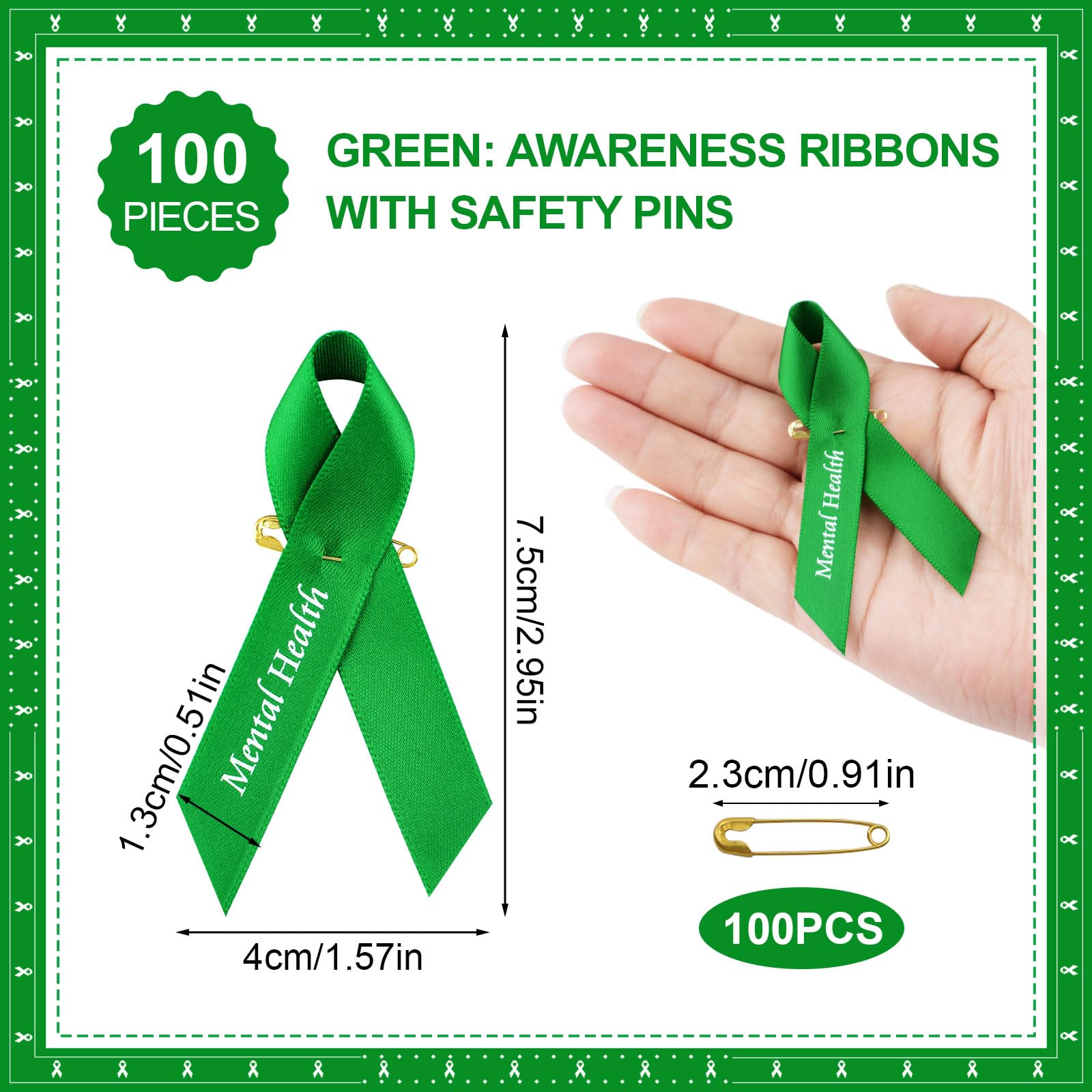 Lot 100 Pendentifs Ruban Vert Alliage - Sensibilisation Santé Mentale, Cancer Foie, Environnement