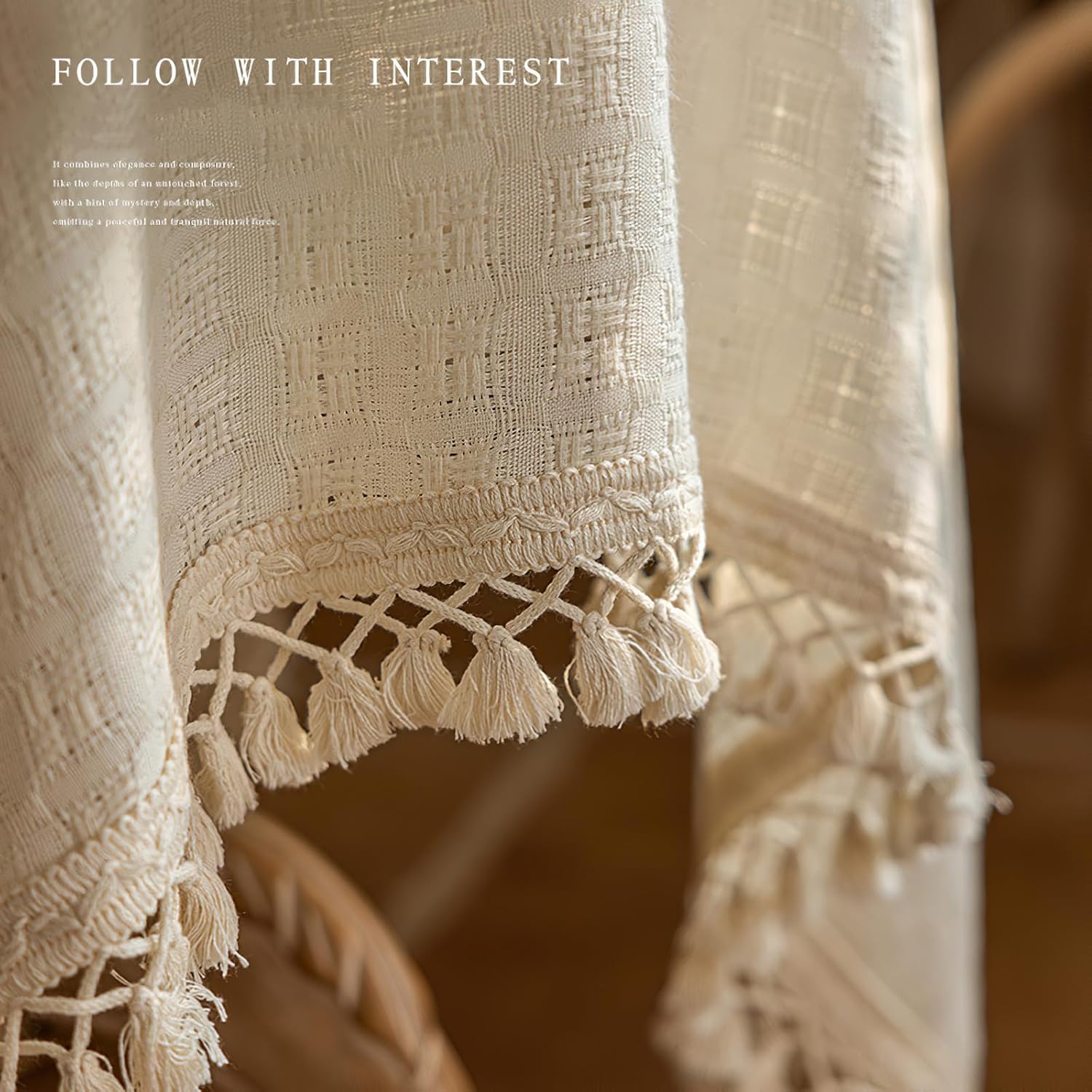 Beige Square Tablecloth with Tassels, Weave Textured Cotton Linen Table Cloths Rustic Farmhouse Table Cover Shabby Chic Tabletop Decoration, 53x53 inch